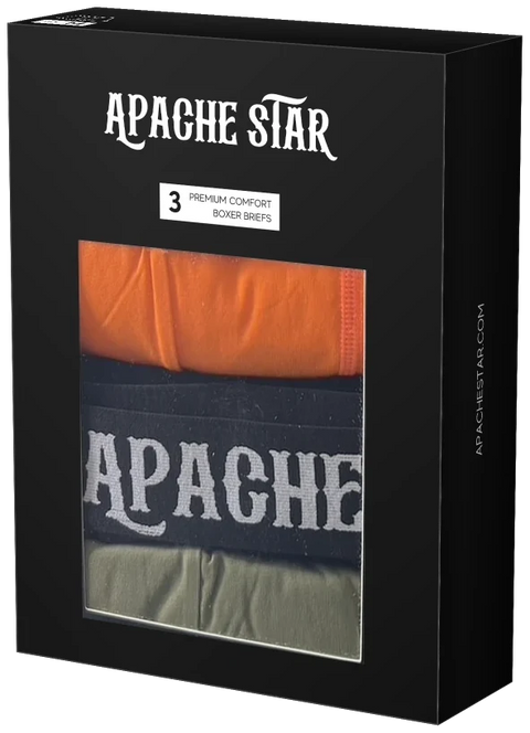 COMMANDER'S COMFORT boxer briefs 3 pack in black, military green and orange, APACHE STAR box with window