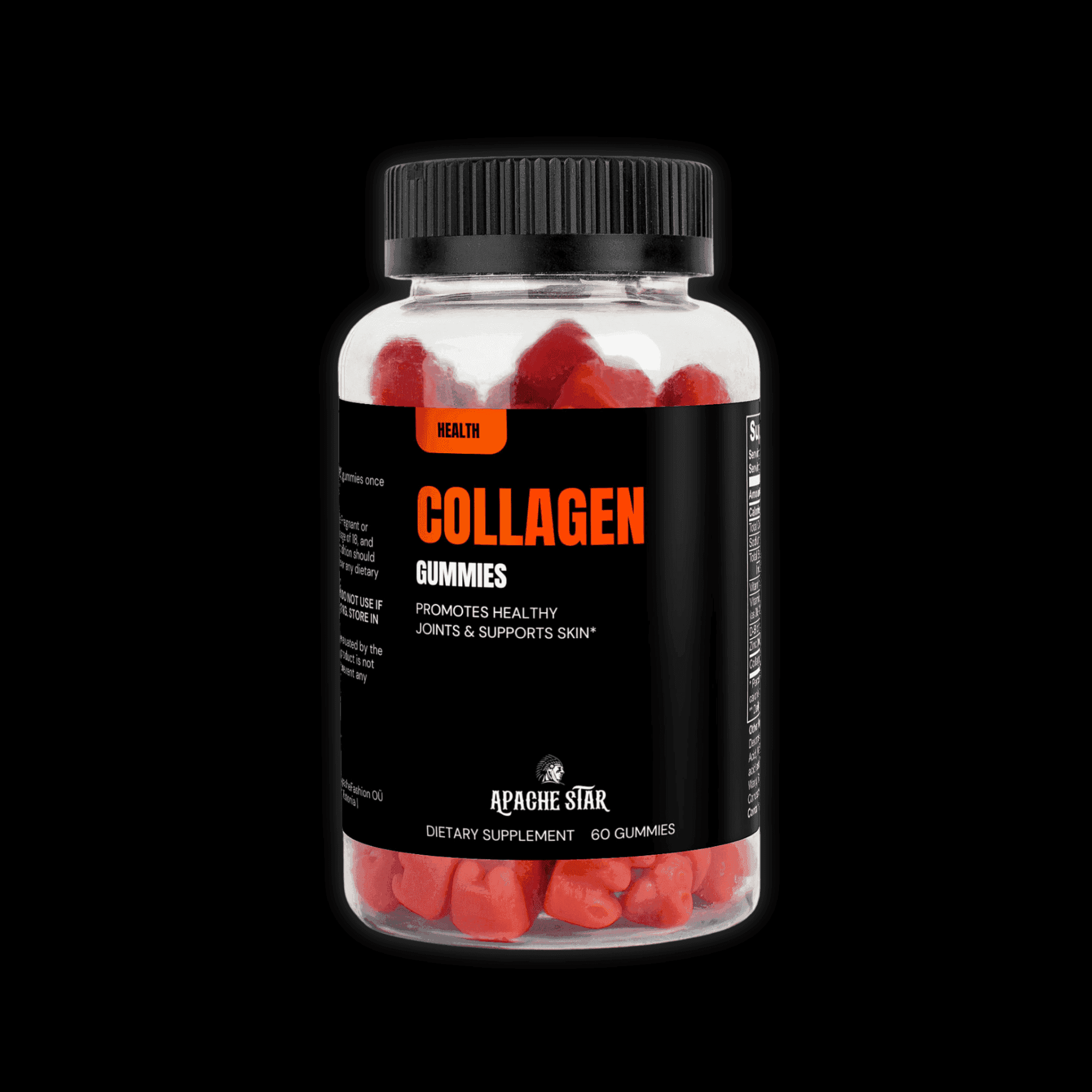 COLLAGEN GUMMIES for Skin Health by APACHE STAR in a clear bottle with red gummies, supports joints, bones, and skin with vitamin C and biotin.