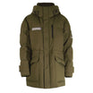 Cuban Propane Military Down Jacket by APACHE STAR in military green with front zip, hood, and patch details for winter outdoor wear.