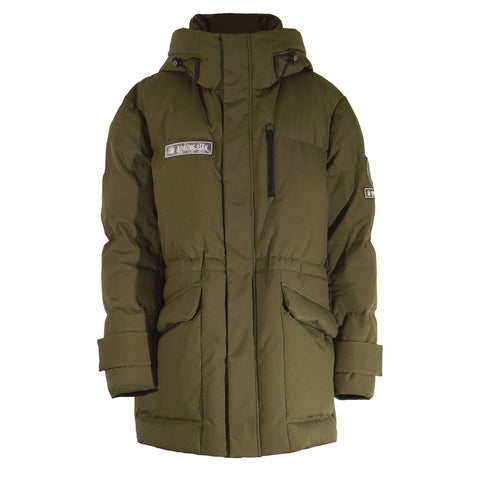 Military down jacket with APACHE STAR patch, olive green, front view