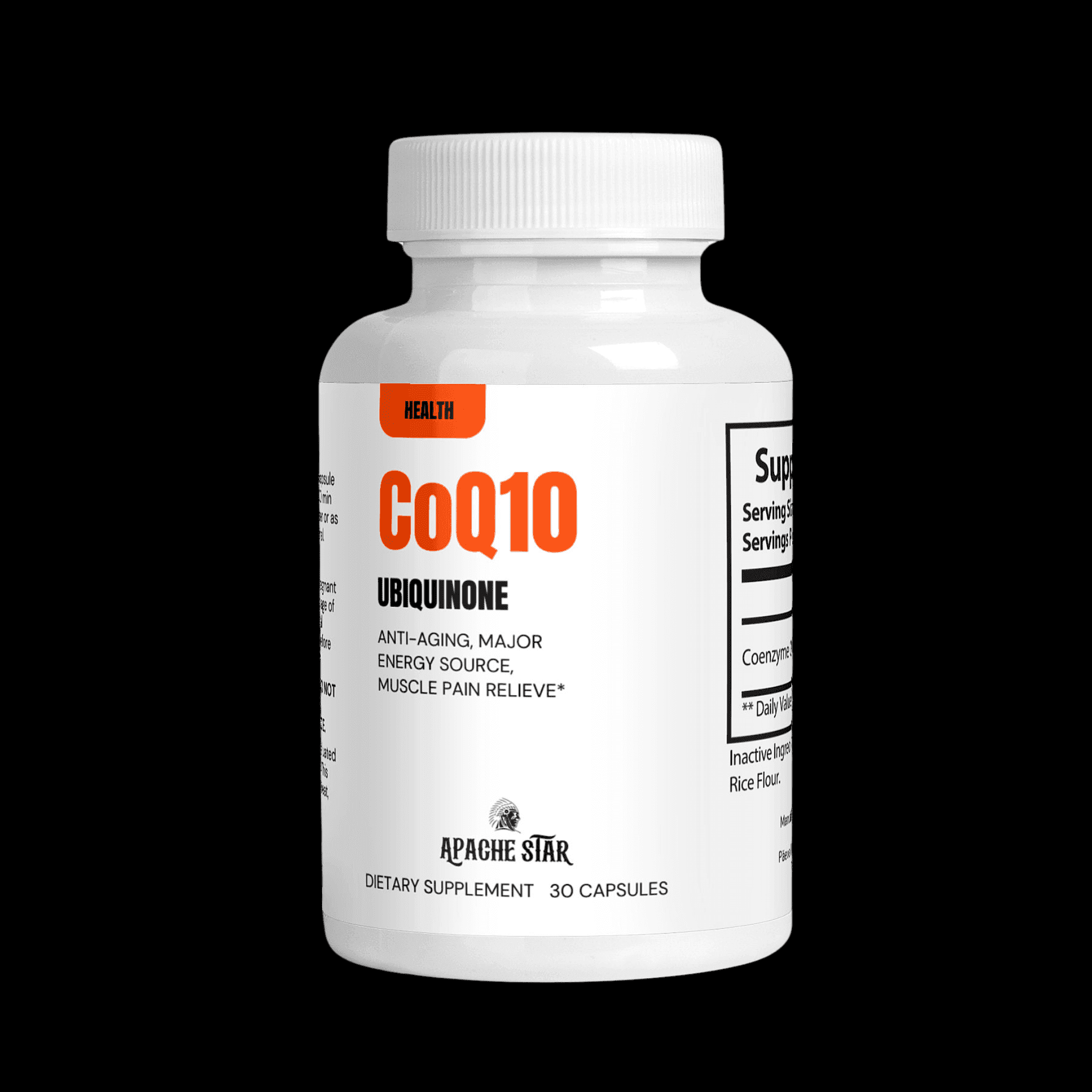 CoQ10 Ubiquinone Supplement by APACHE STAR in white bottle with orange label text, supports cardiovascular health and muscle recovery.