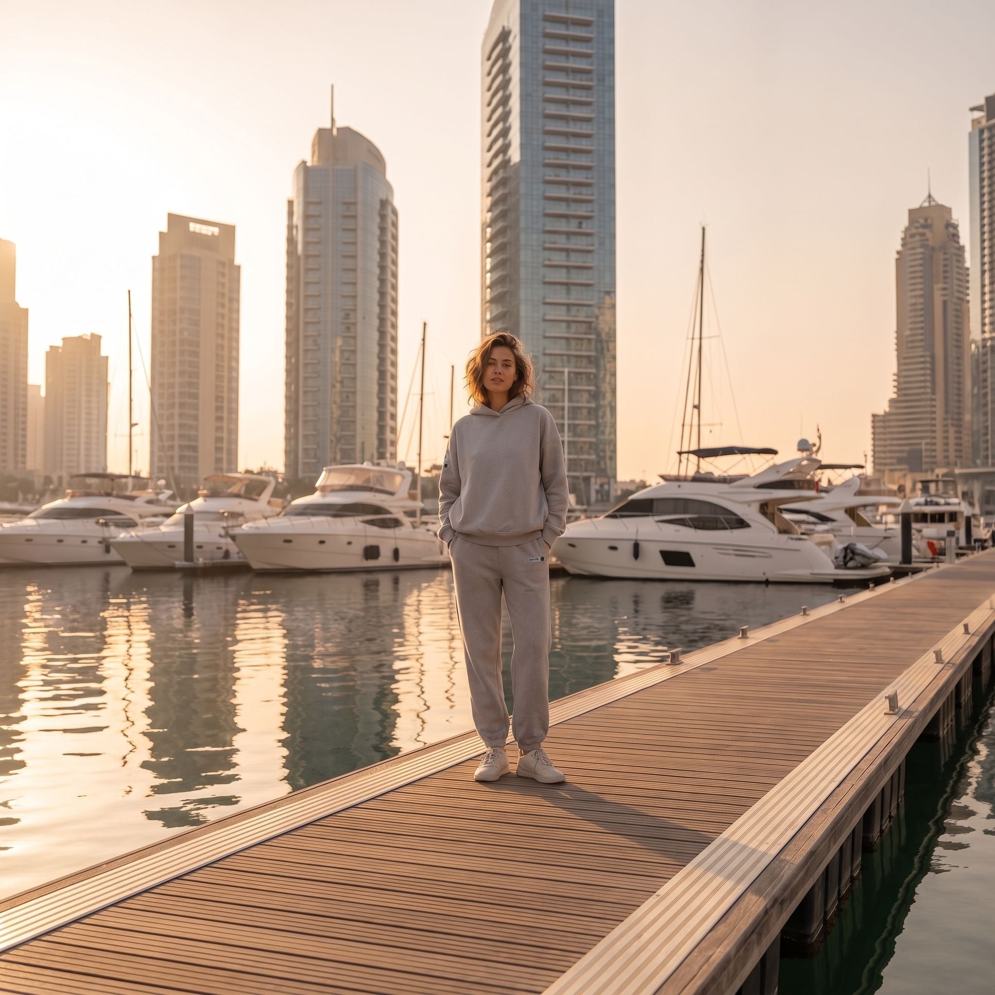 Model wearing the APACHE STAR® Iconic Pants “Dubai” in Grey by the water in Dubai Marina