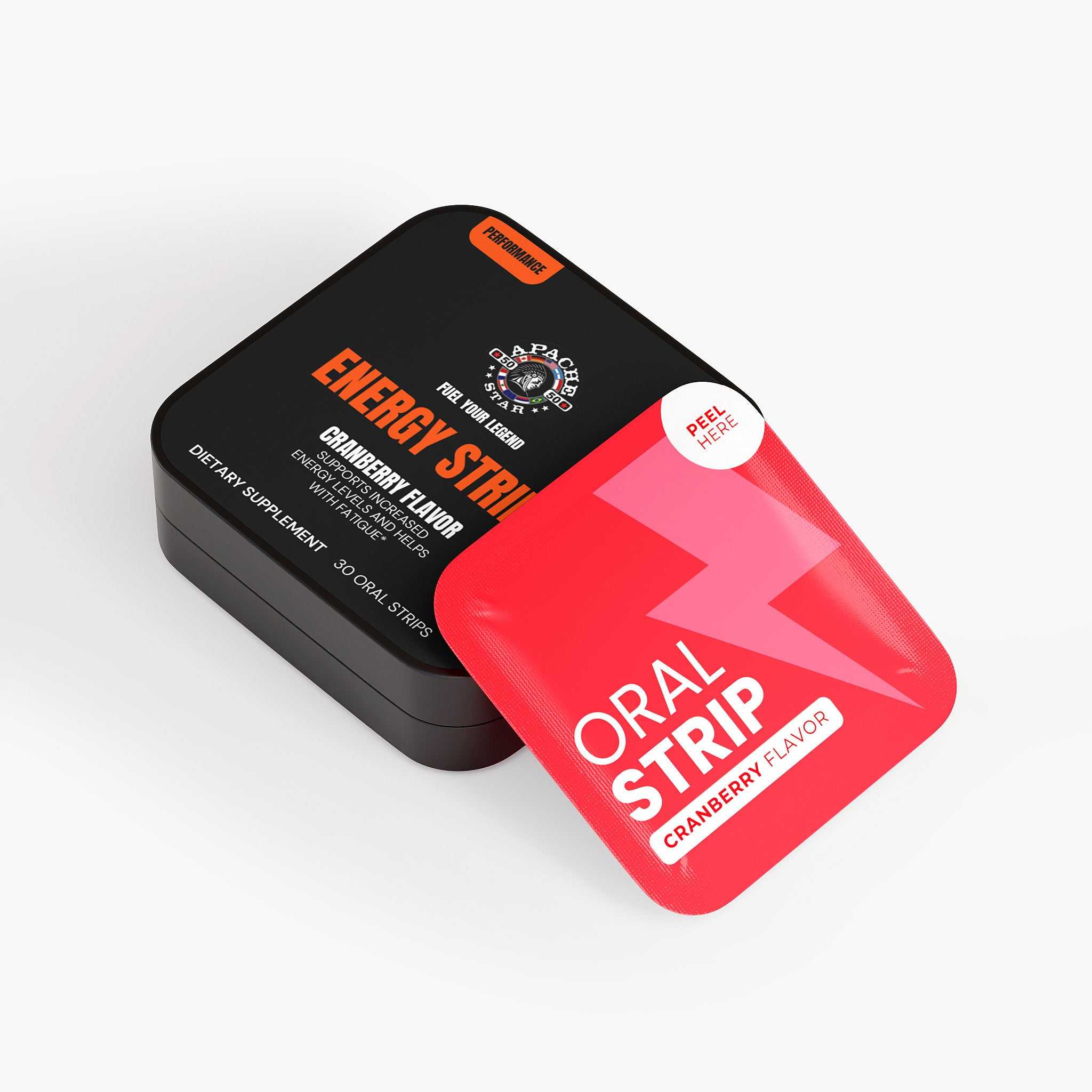 Open tin of APACHE STAR Energy Strips revealing red oral strip pack labeled cranberry flavor, sugar-free energy support for tiredness.