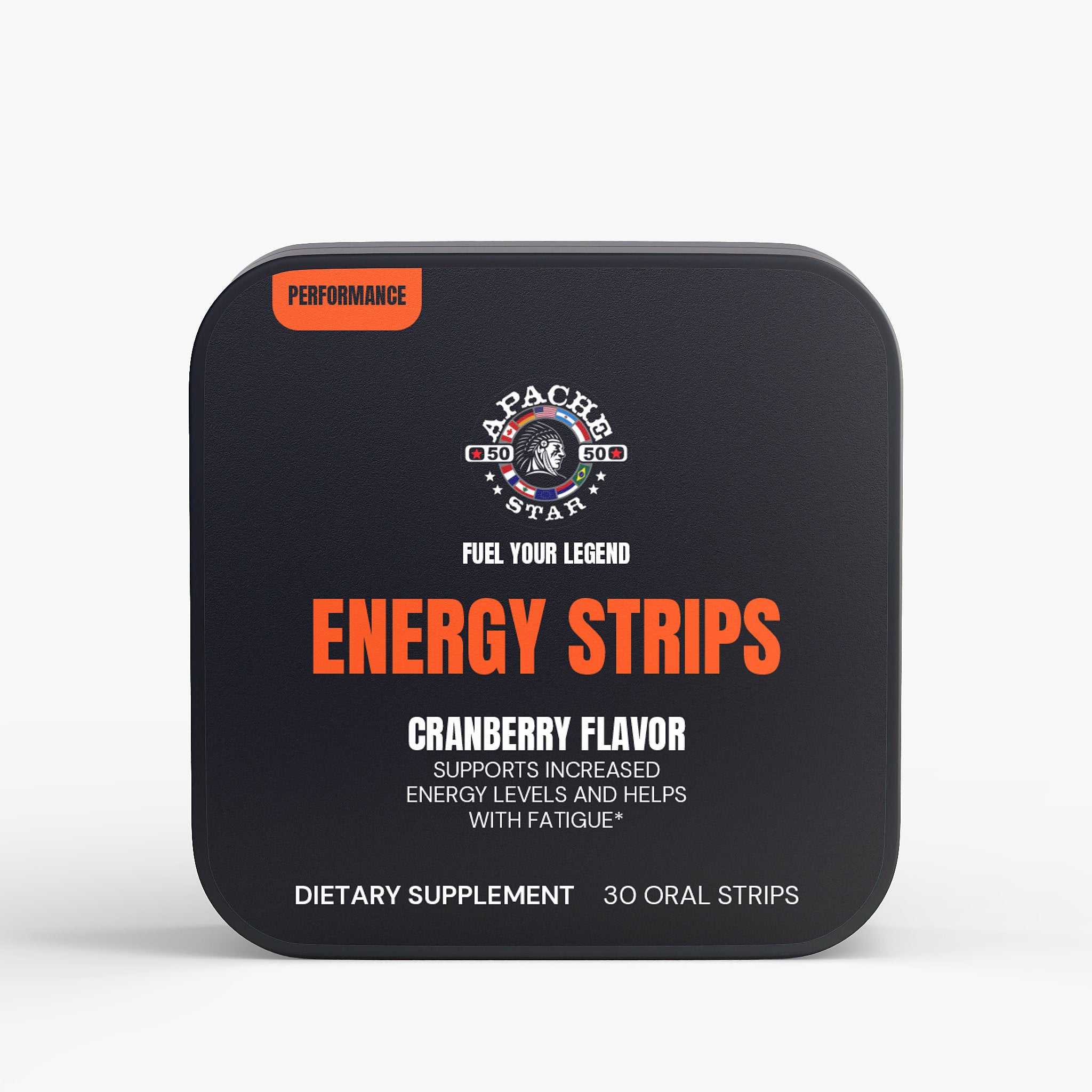 Energy Strips - Sugar-Free Boost in cranberry flavor by APACHE STAR, 30 oral strips in a compact black tin for fatigue support and energy.