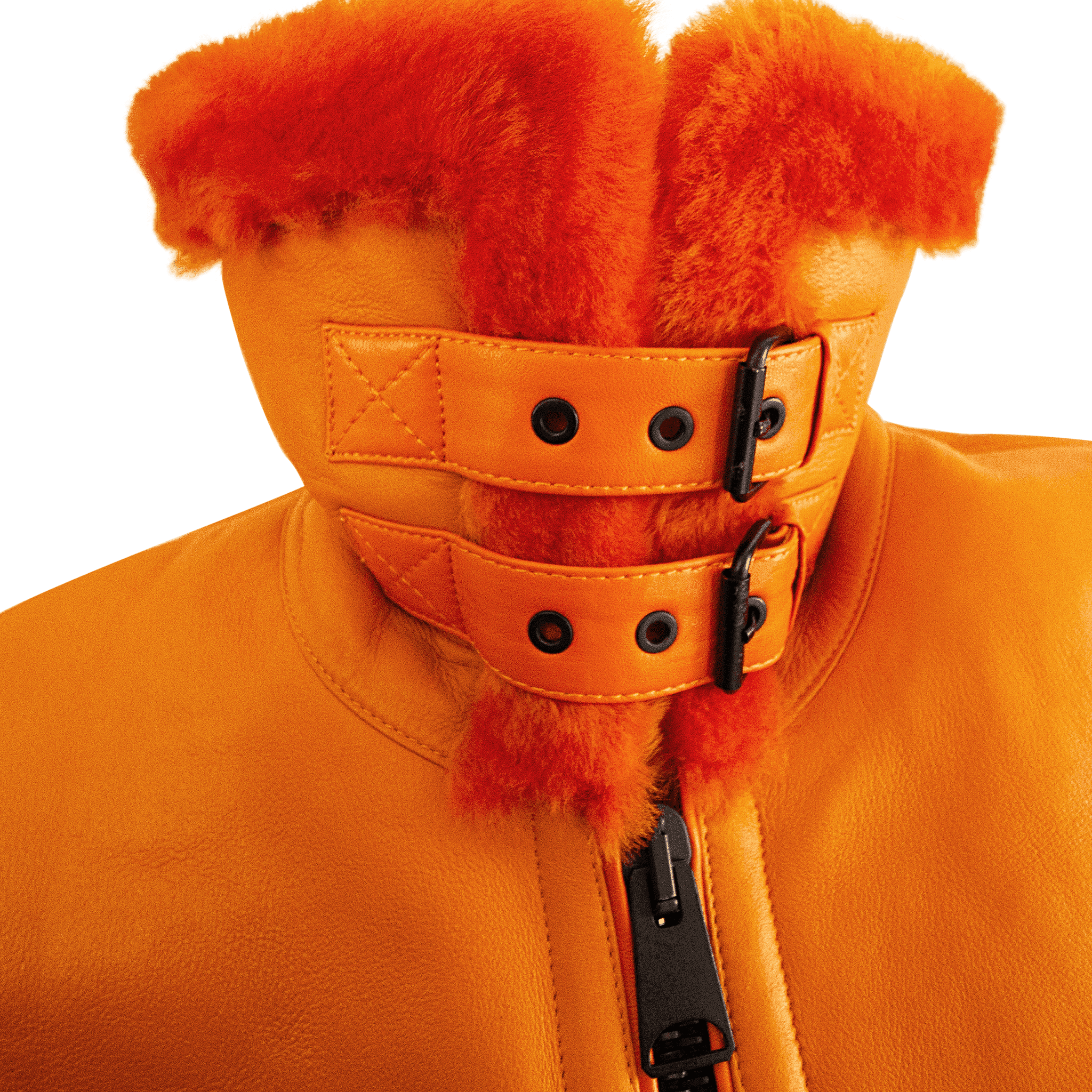 Double buckle collar detail on FLAMING AVIATOR by APACHE STAR Toscana Nappa Lamb Pilot Jacket. Functional and stylish neck closure in premium orange leather.