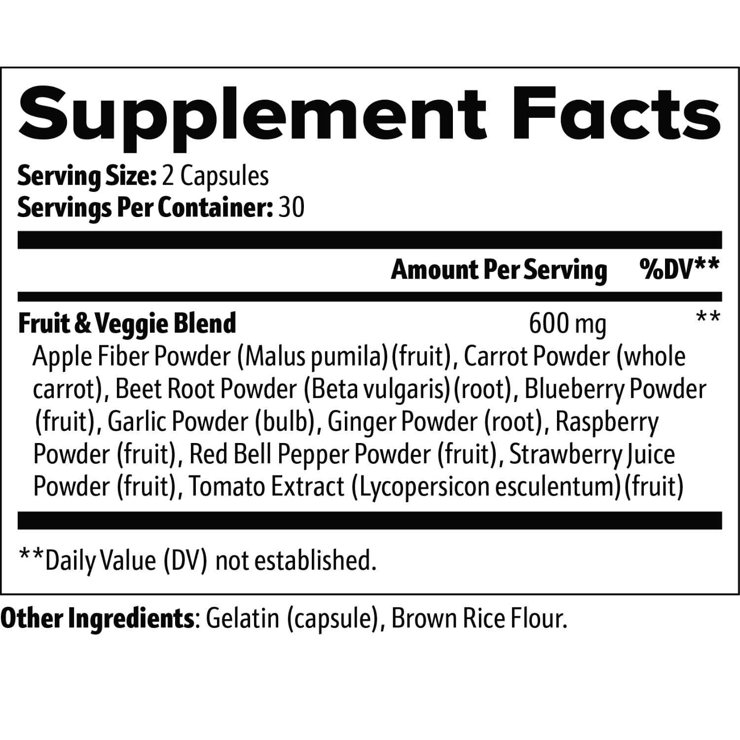 Fruits & Veggies supplement label with ingredients list and nutritional info