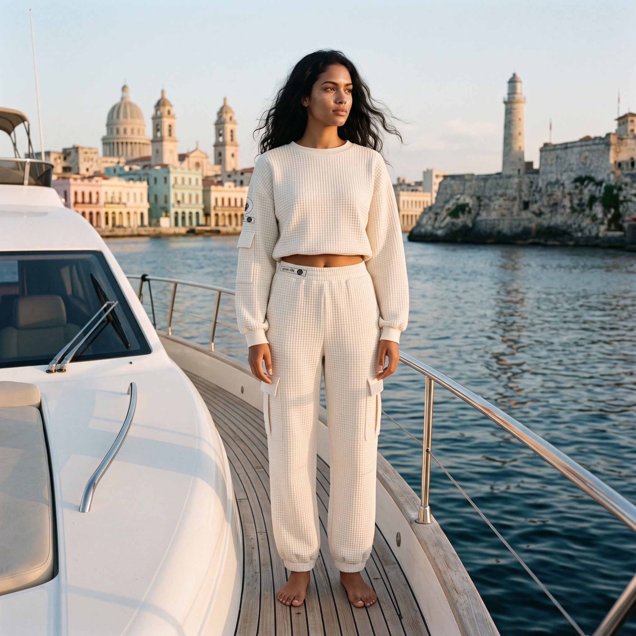 Model in the APACHE STAR® Havana waffle cargo set in White on a boat deck, Havana waterfront