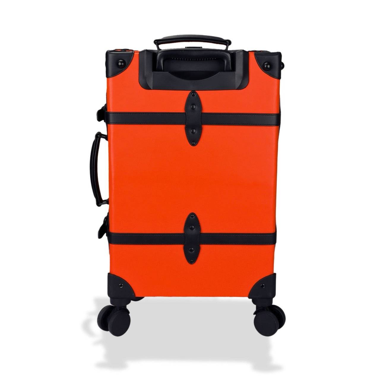Rear view of APACHE STAR® Signature Orange vintage suitcase with spinner wheels and reinforced leather accents for luxury travel durability.