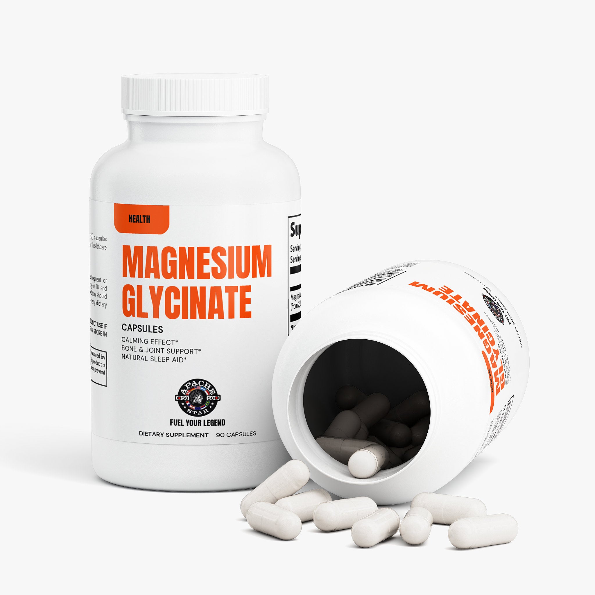 White supplement bottle with orange label and capsules spilling out on a white background