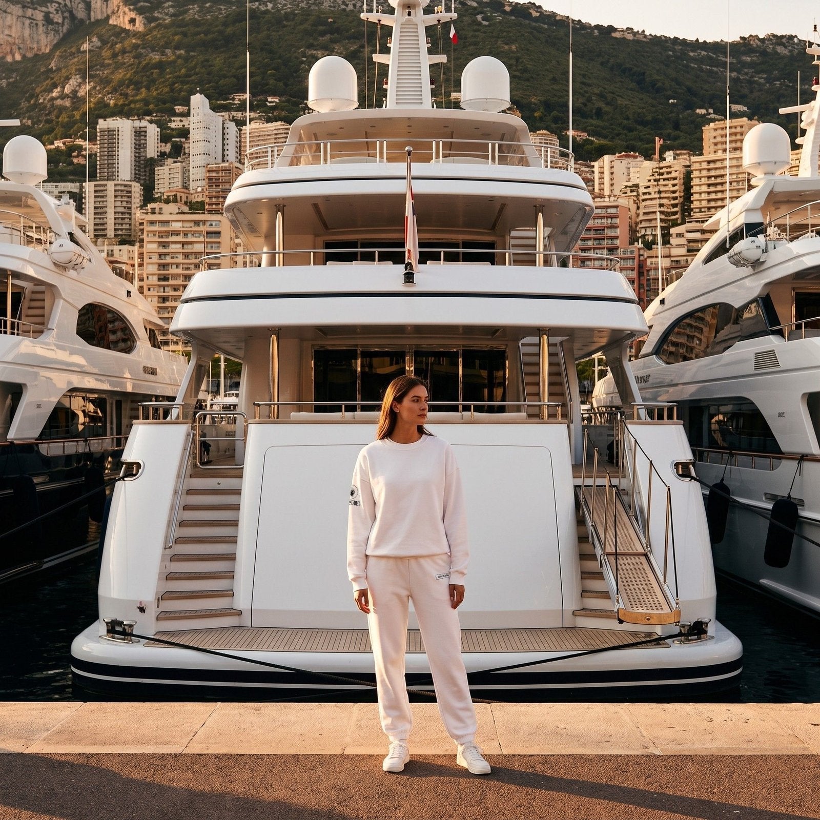 Model in the APACHE STAR® Monaco set in White on the quay of Port Hercule, Monaco, in front of a superyacht moored stern-to