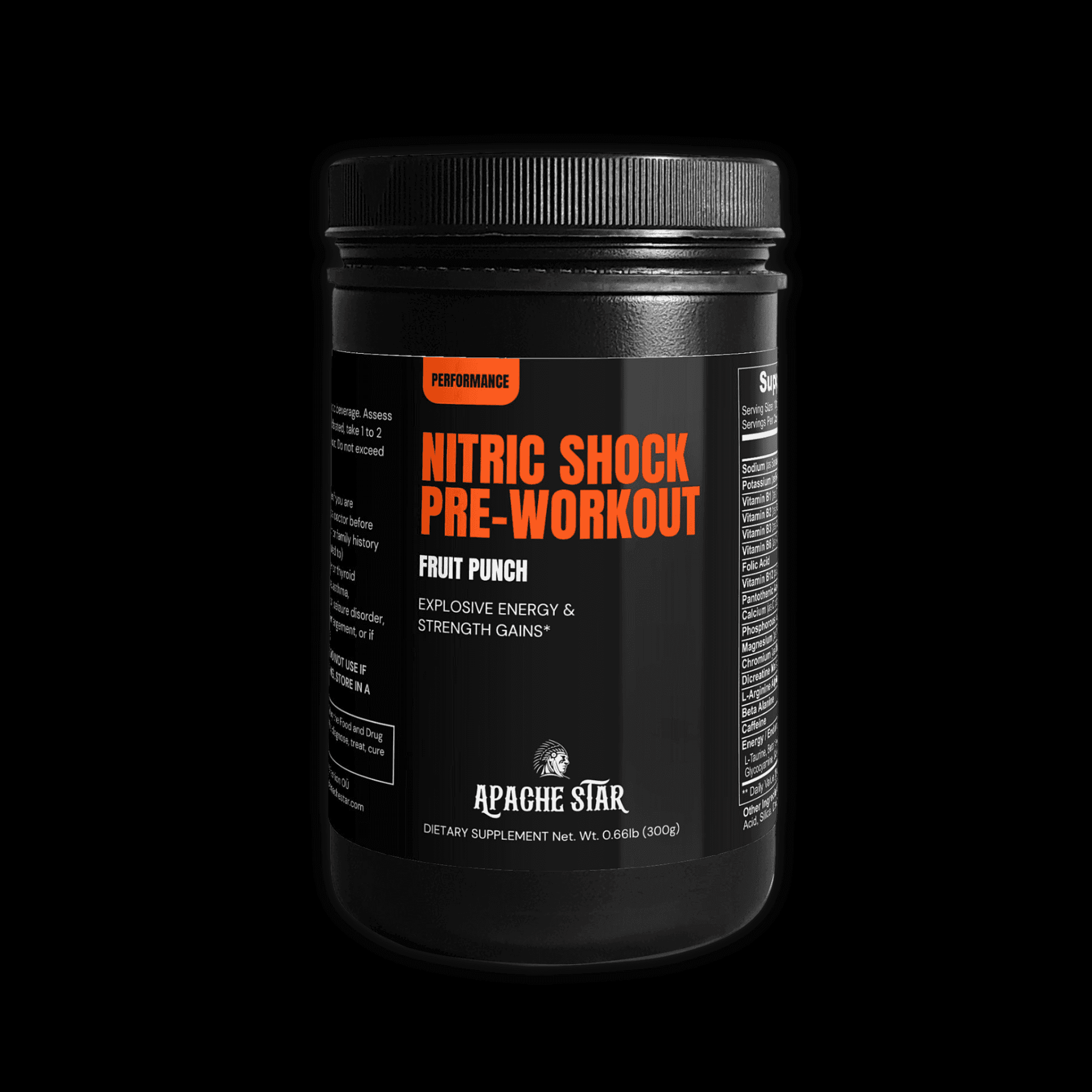 Nitric Shock pre-workout powder supplement by APACHE STAR in black container, labeled for explosive energy and strength gains. Ideal for fitness and muscle support.