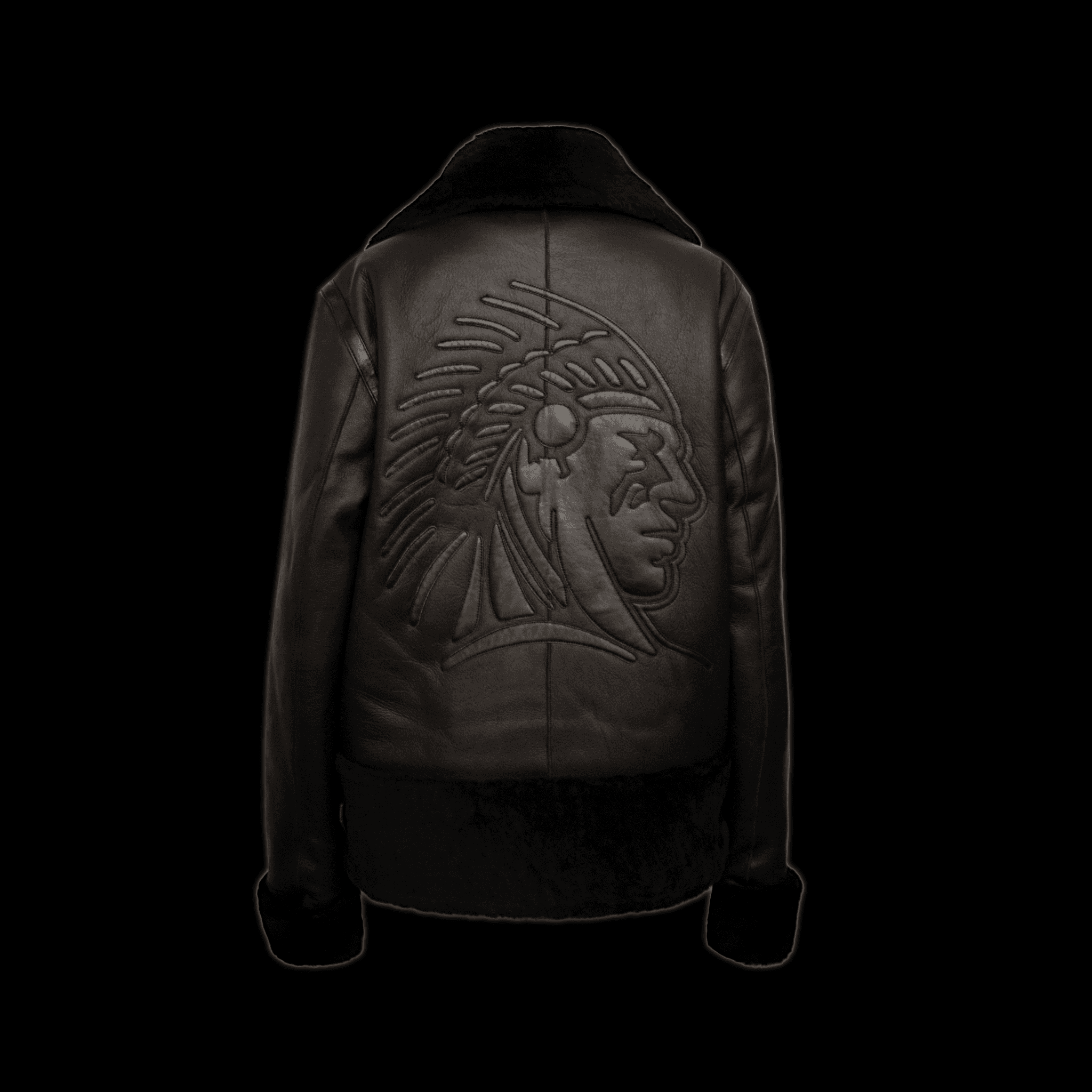 Back view of PHANTOM FALCON Nappa Lamb Pilot Jacket with embossed Native American chief design, crafted by APACHE STAR.