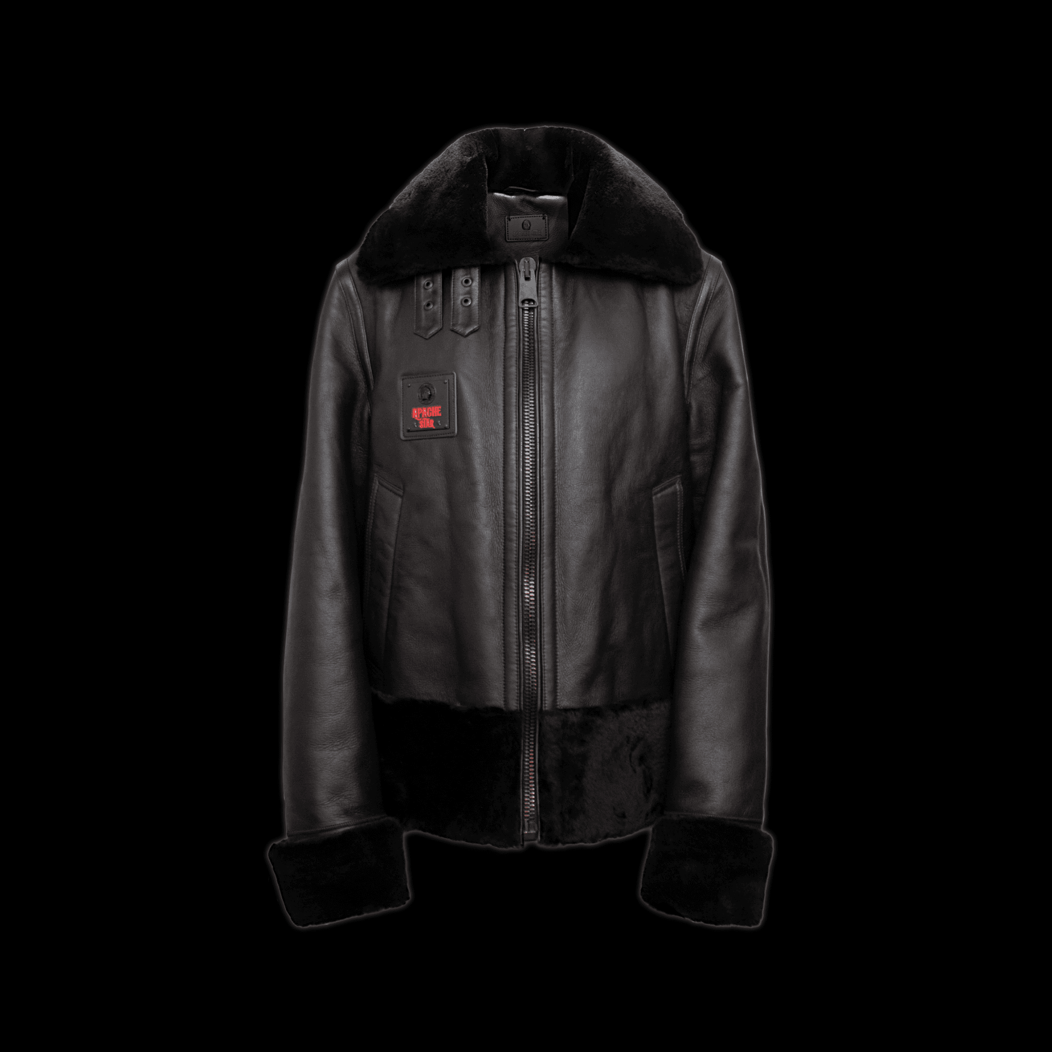Front view of NAPPA LAMB PILOT JACKET „PHANTOM FALCON“ by APACHE STAR, featuring black shearling collar and leather finish.