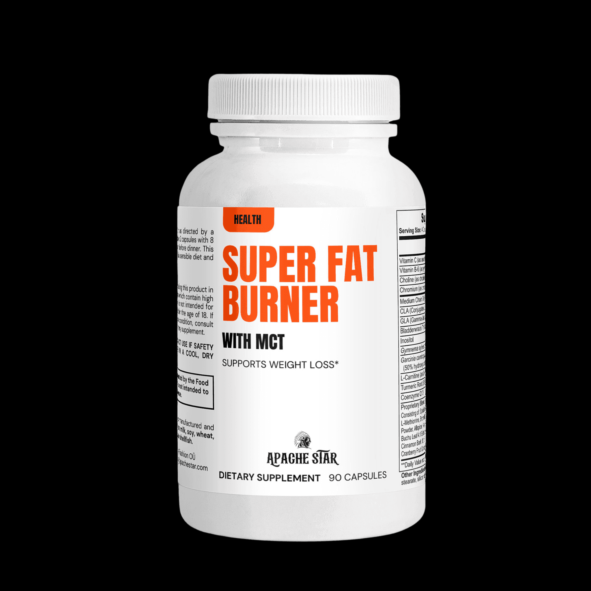 MCT Fat Burner Supplement - Super Fat Burner by APACHE STAR in white bottle packaging, supports weight loss and liver health, 90 capsules.