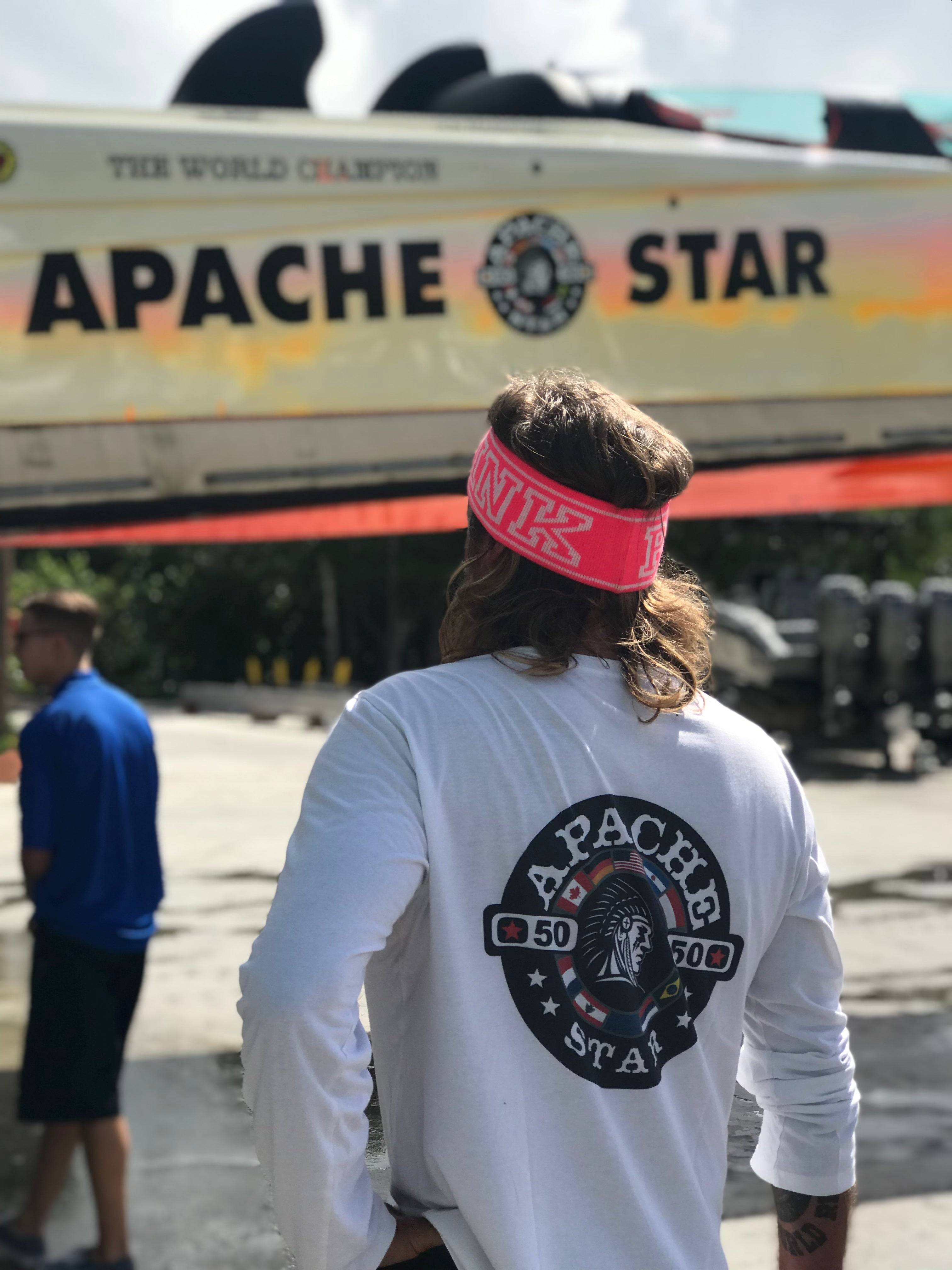 APACHE STAR Clifftop Captain Longsleeve Shirt in white with bold back logo, worn by man near racing boat. Ideal for outdoor sports and sun protection.