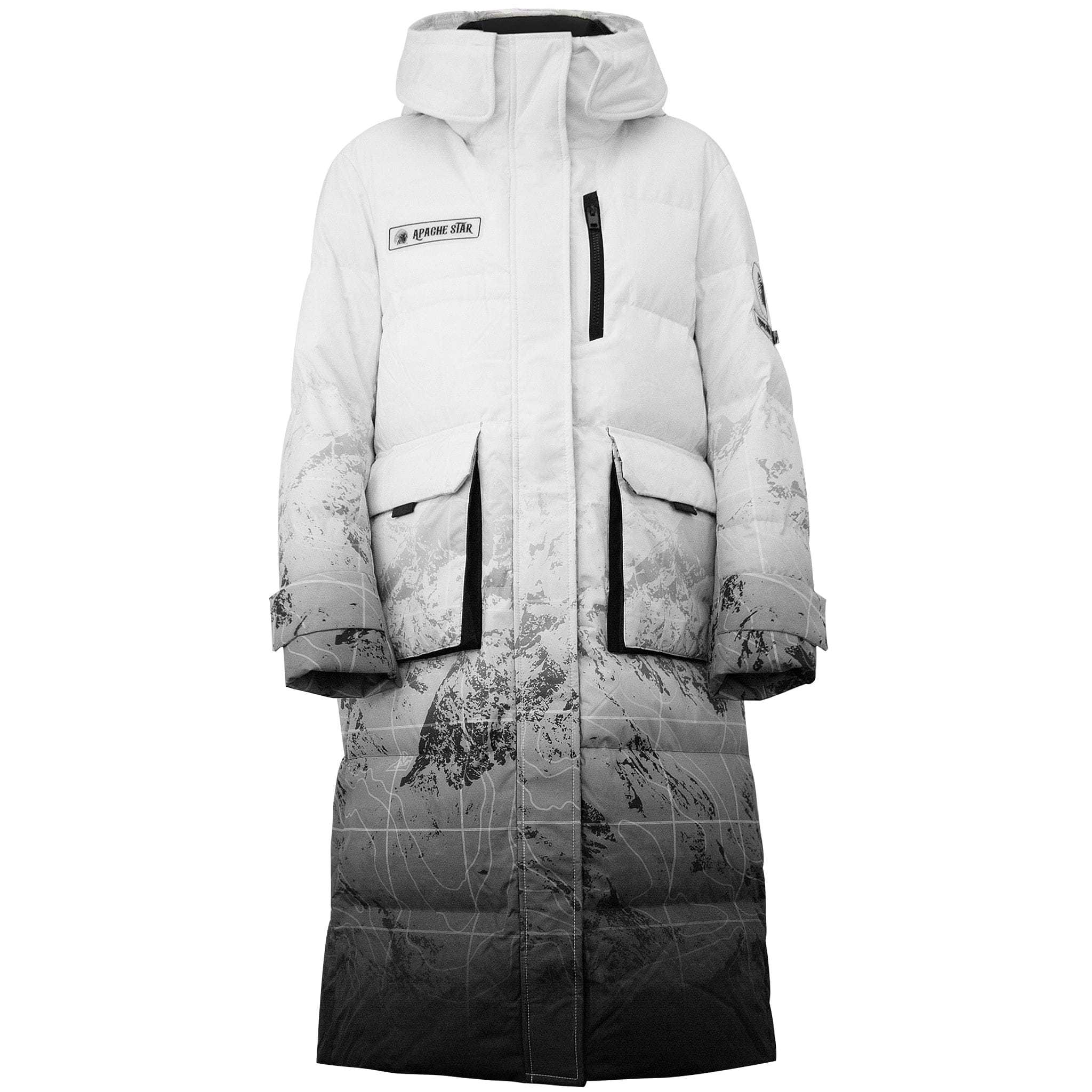 Black White Trident Trooper Down Coat by APACHE STAR with hood and mountain gradient design, showcasing sleek winter outerwear style and insulation.