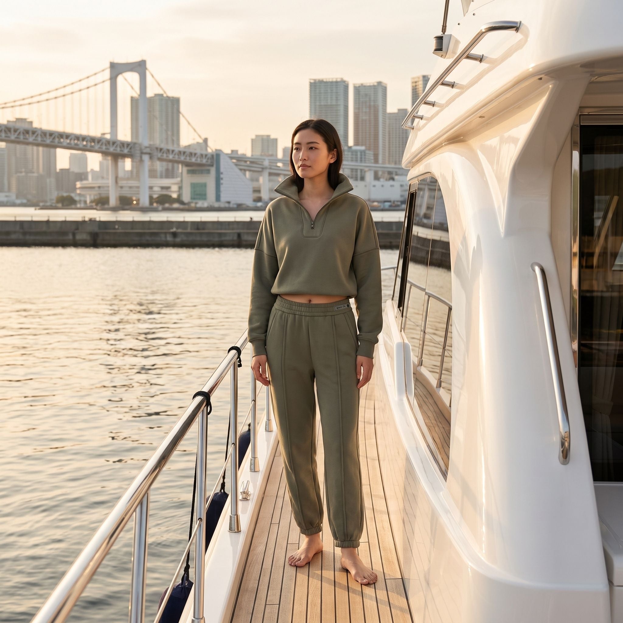 Model wearing the APACHE STAR® Tokyo athletic set in Army Green at the Tokyo waterfront