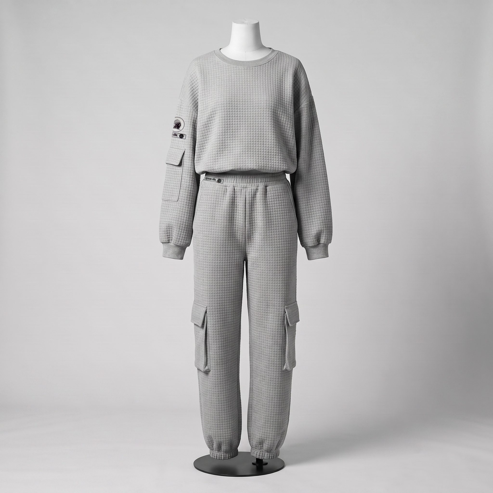APACHE STAR® GLOBETROTTER Havana waffle cargo set in Light Grey — crop top and cargo pants, front view
