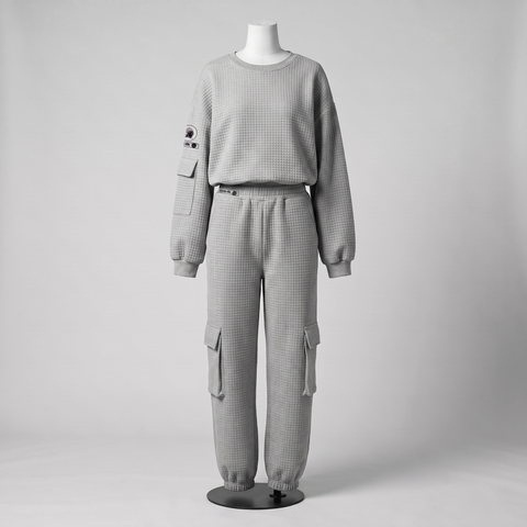APACHE STAR® GLOBETROTTER Havana waffle cargo set in Light Grey — crop top and cargo pants, front view