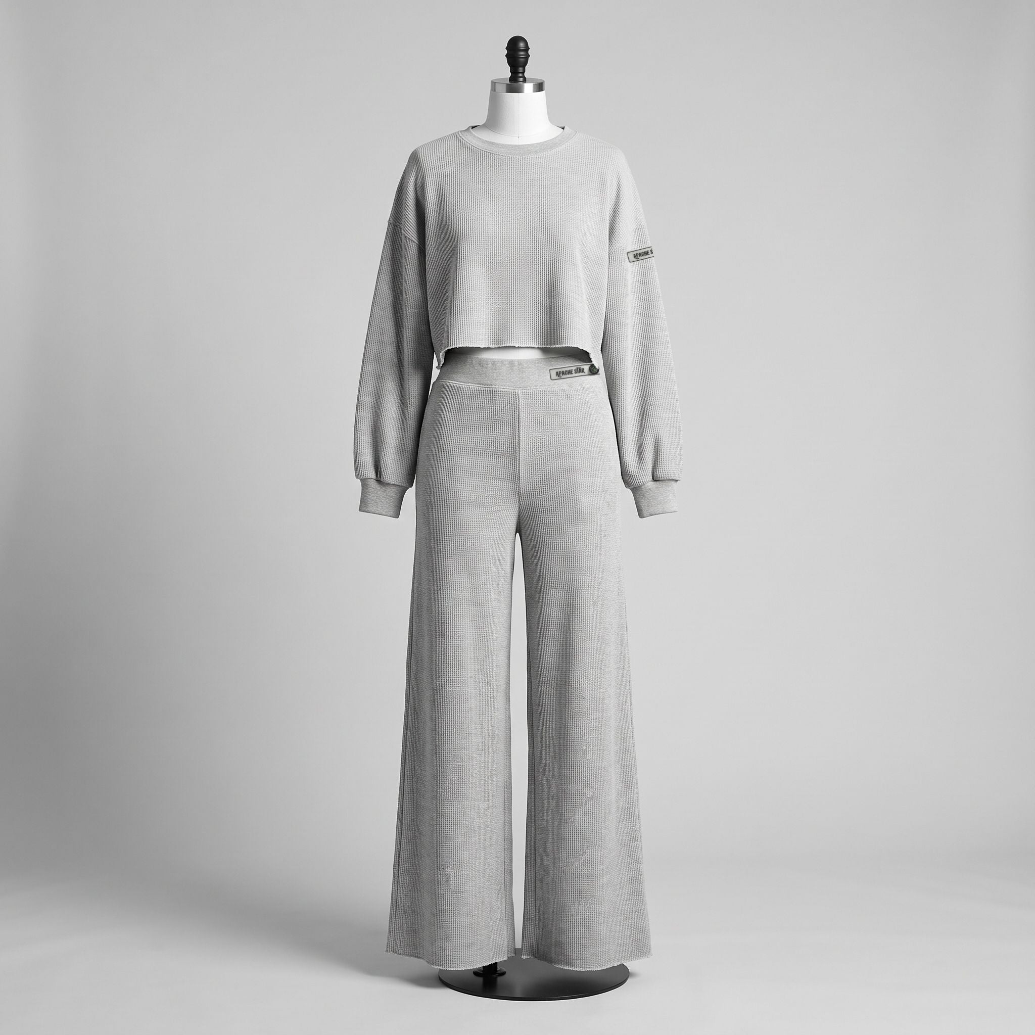 APACHE STAR® GLOBETROTTER Mykonos waffle set in Grey — crop top and pants, front view