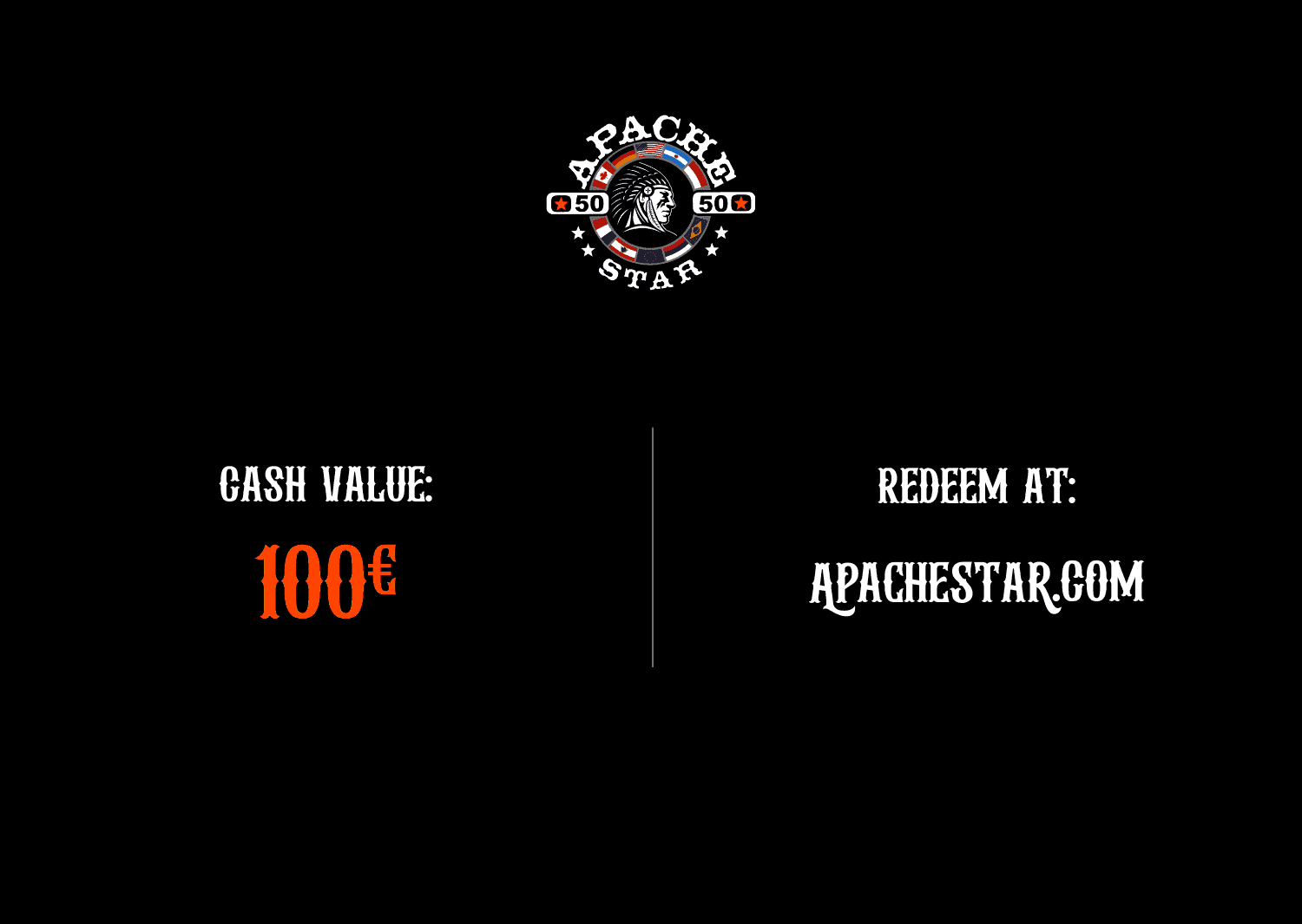 APACHE STAR €100 Gift Card with brand logo and redemption info, ideal for online shopping of premium fashion and performance products.