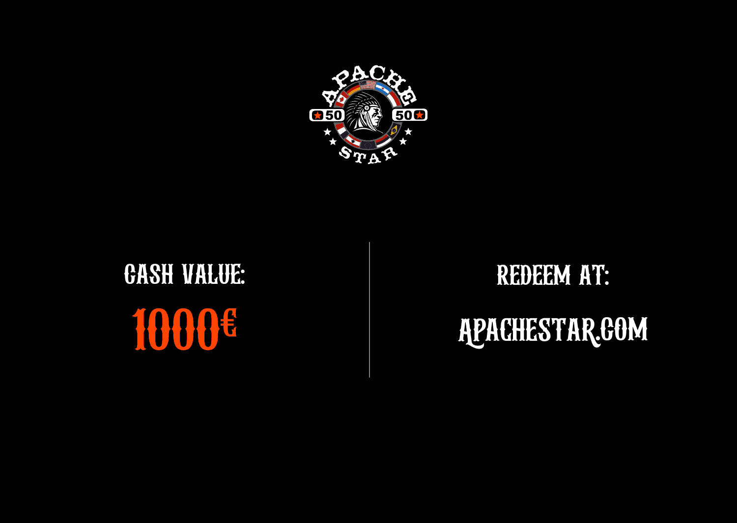 APACHE STAR €1000 Gift Card showcasing premium value and redemption at apachestar.com, ideal for luxury fashion and supplement gifts.