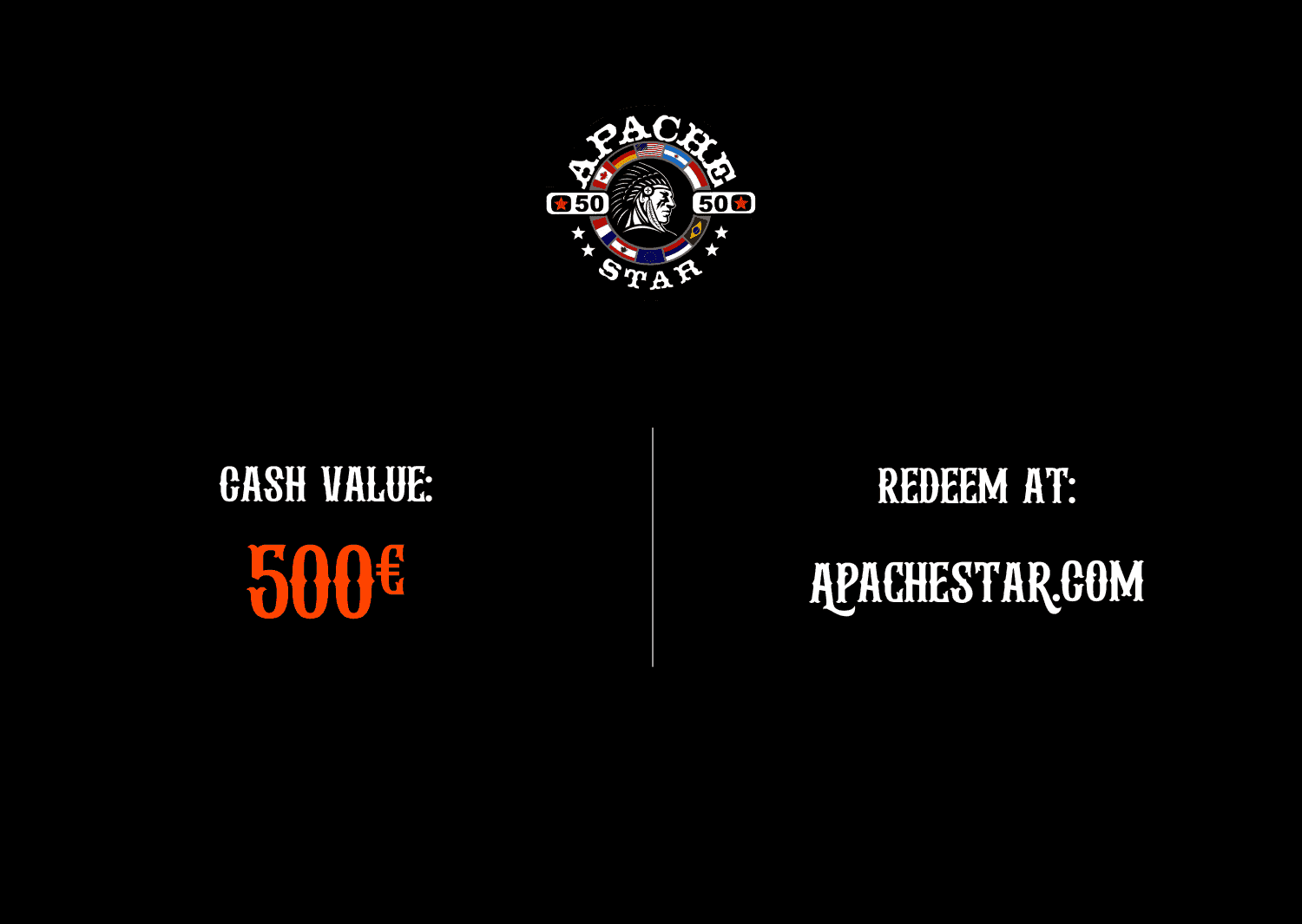 APACHE STAR €500 Gift Card with bold branding and easy online redemption, perfect for high-value fashion and supplement gifting.