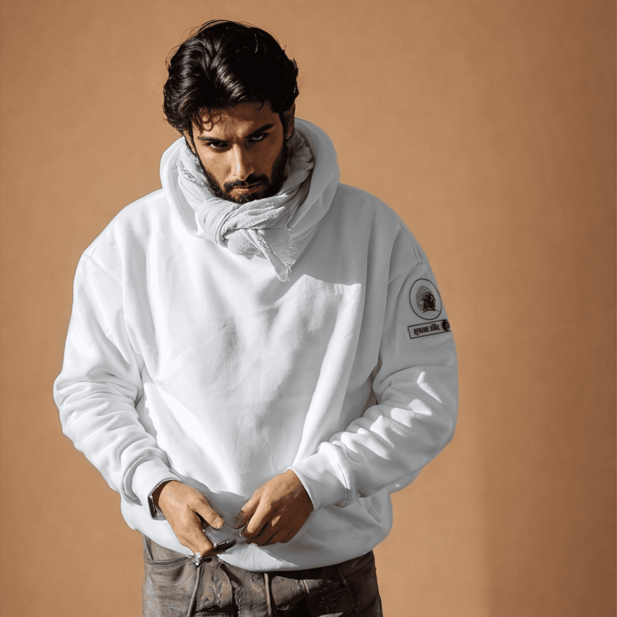 Male model in white Iconic Dubai Hoodie by APACHE STAR with scarf, highlighting the designer compass patch on the sleeve. Urban winter style.