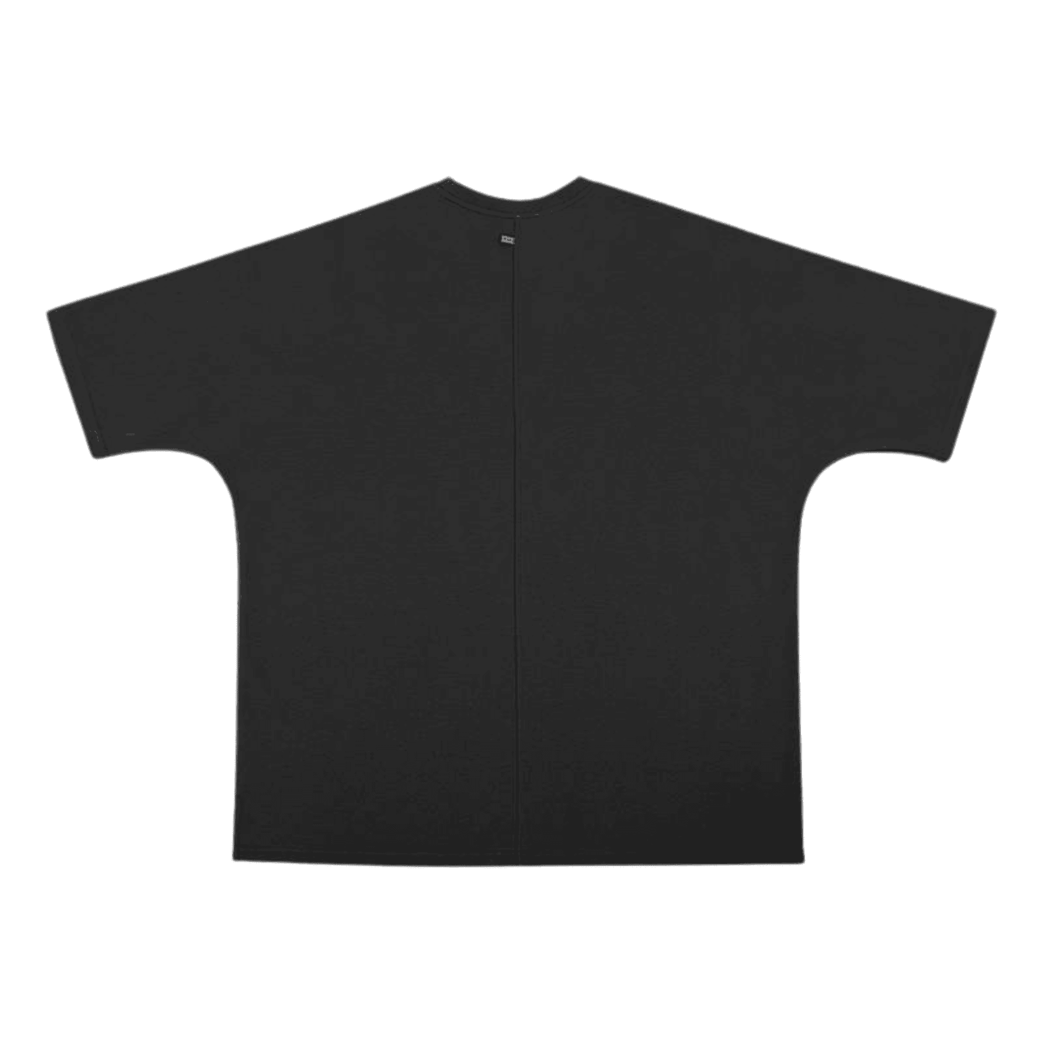 Back view of BOXY TEE 'MANHATTAN' by APACHE STAR in black, highlighting minimalist design and sustainable cotton material.