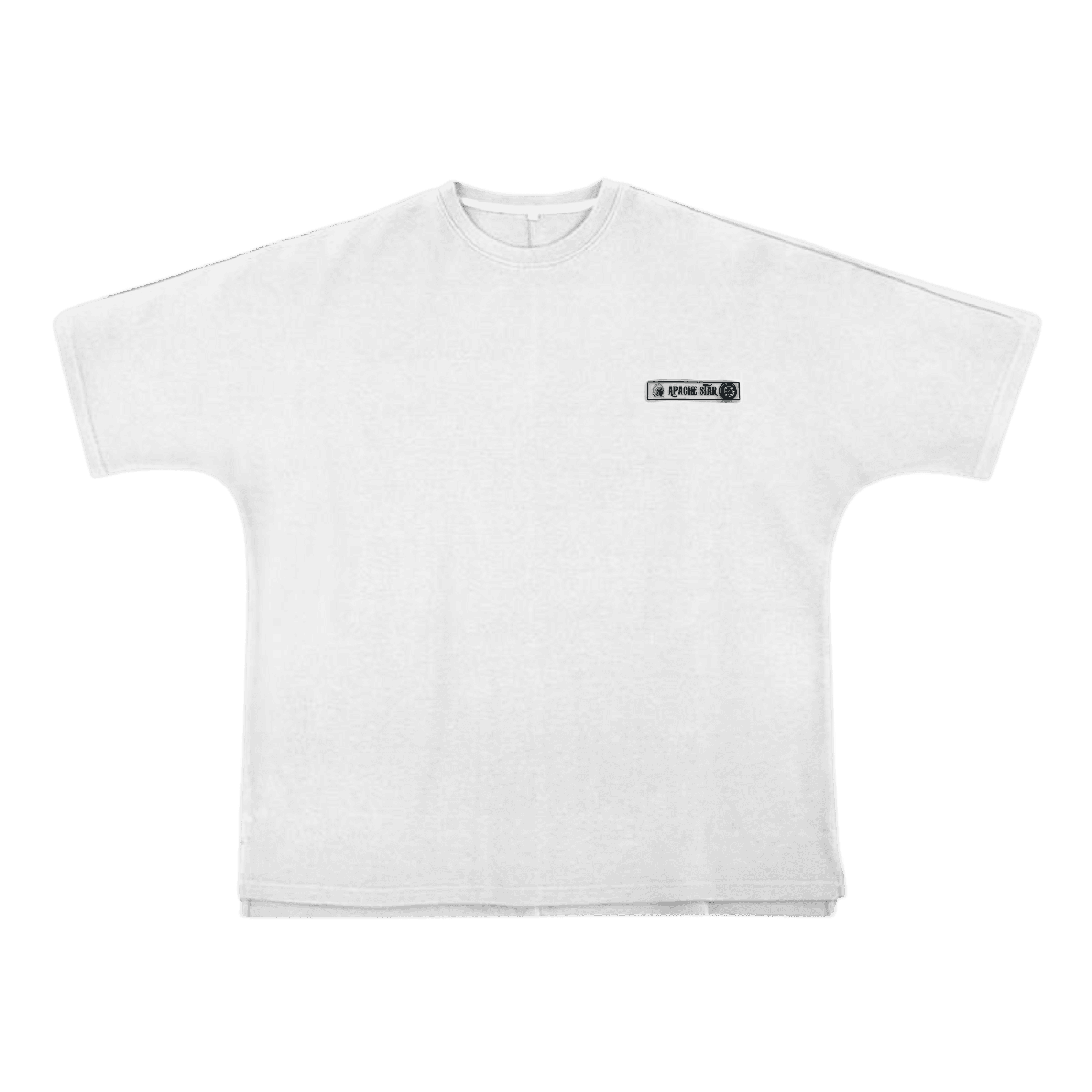 Front view of BOXY TEE 'MANHATTAN' by APACHE STAR in white, featuring minimalist logo patch and oversized silhouette for modern casual wear.