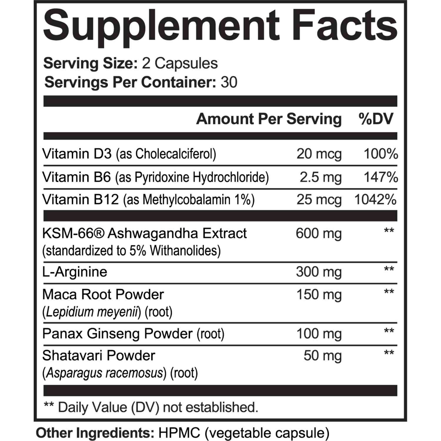 Supplement Facts label with vitamins and herbal ingredients for Ashwagandha Plus dietary supplement