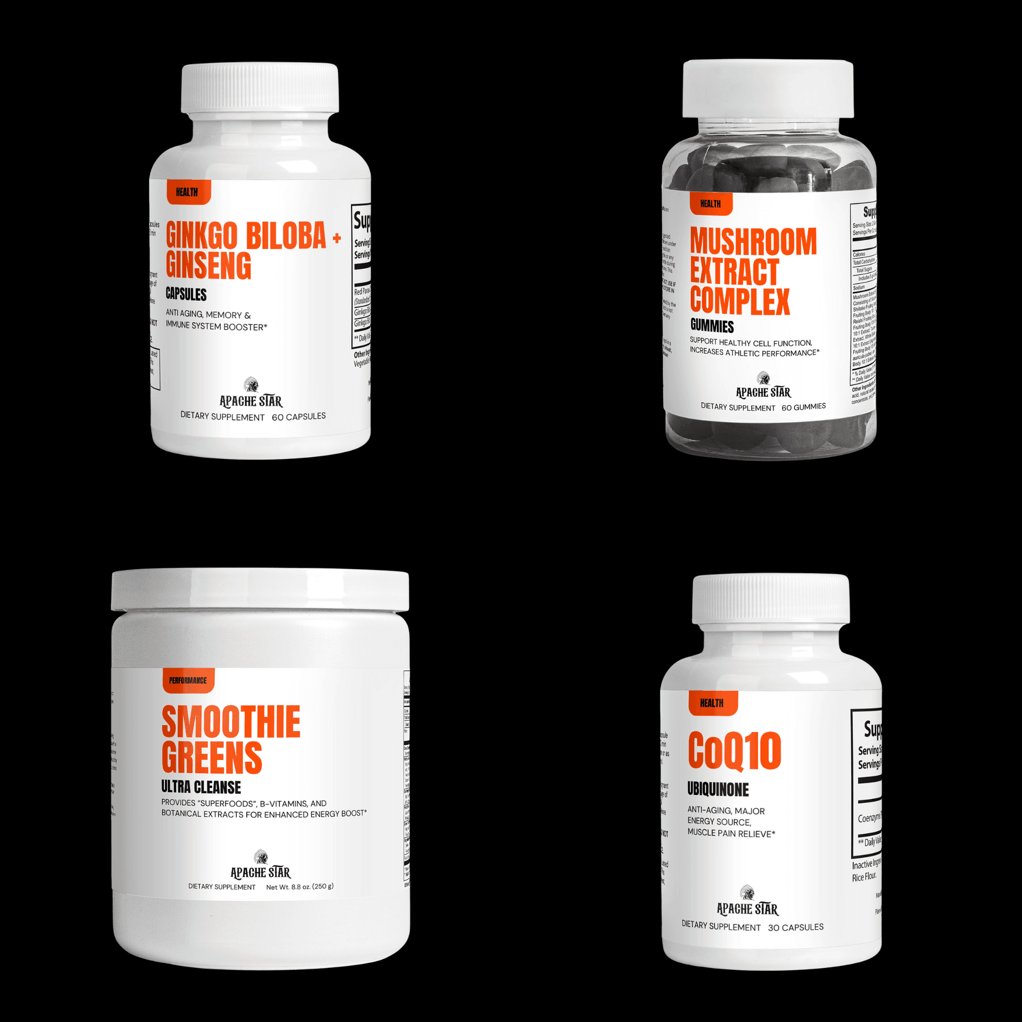 Balance Bundle by APACHE STAR - Supplements for Mind & Body includes Ginkgo, Ginseng, CoQ10, Smoothie Greens, and Mushroom Extract Complex for wellness support.