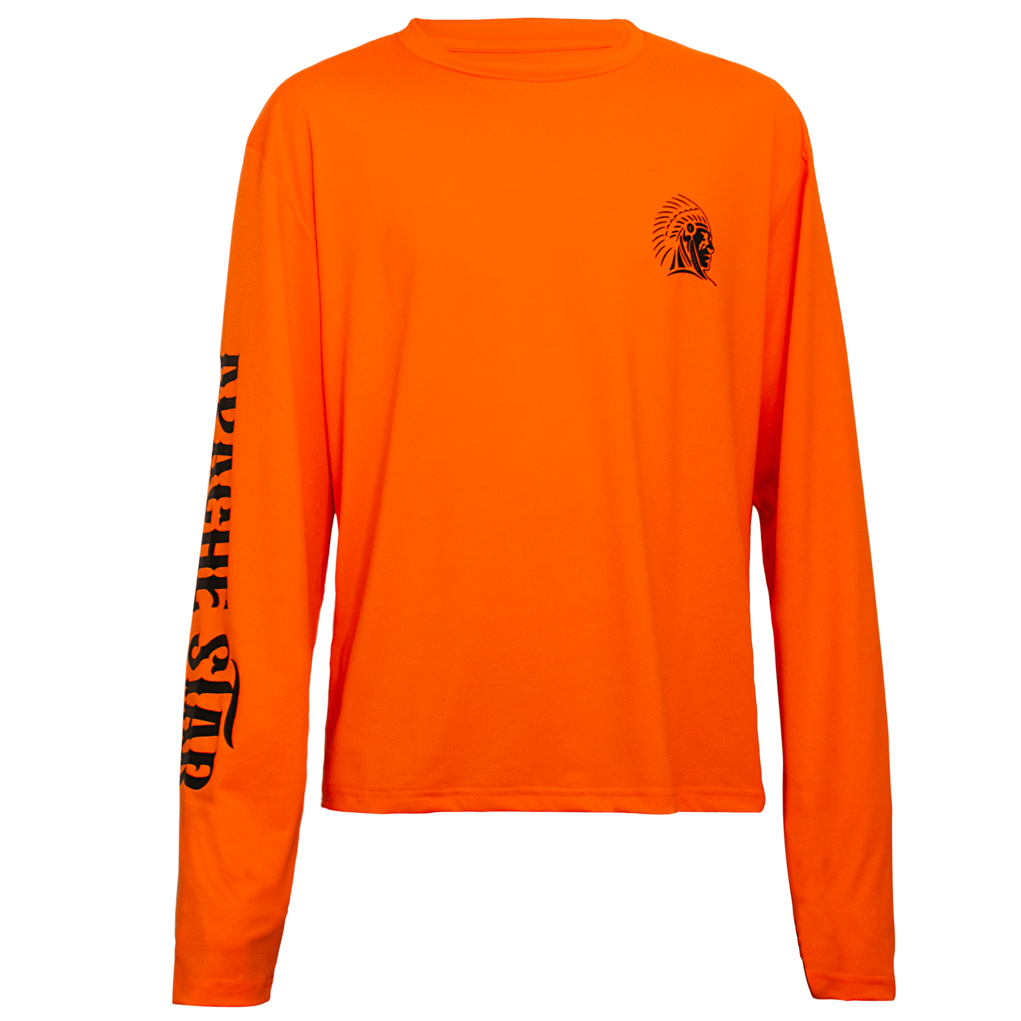 APACHE STAR Burning Battalion Performance Shirt in bright orange with long sleeves and chest logo, ideal for sun protection and outdoor sports.