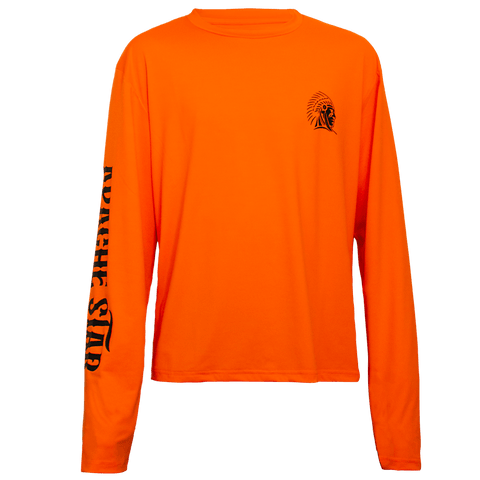 Orange longsleeve performance shirt with black graphic design by Apache Star