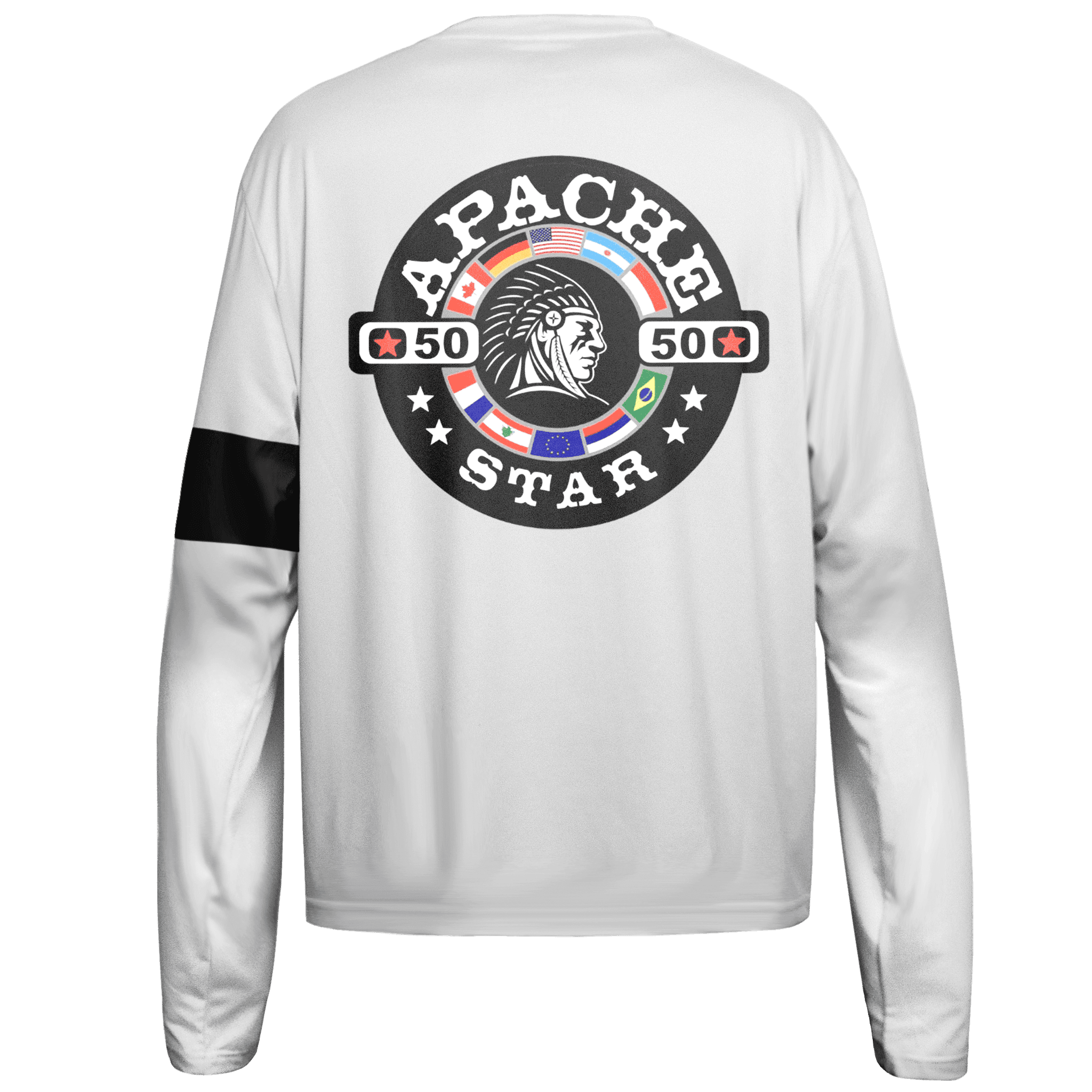 Back view of APACHE STAR Clifftop Captain Longsleeve Shirt featuring bold logo with international flags, ideal for outdoor performance wear.