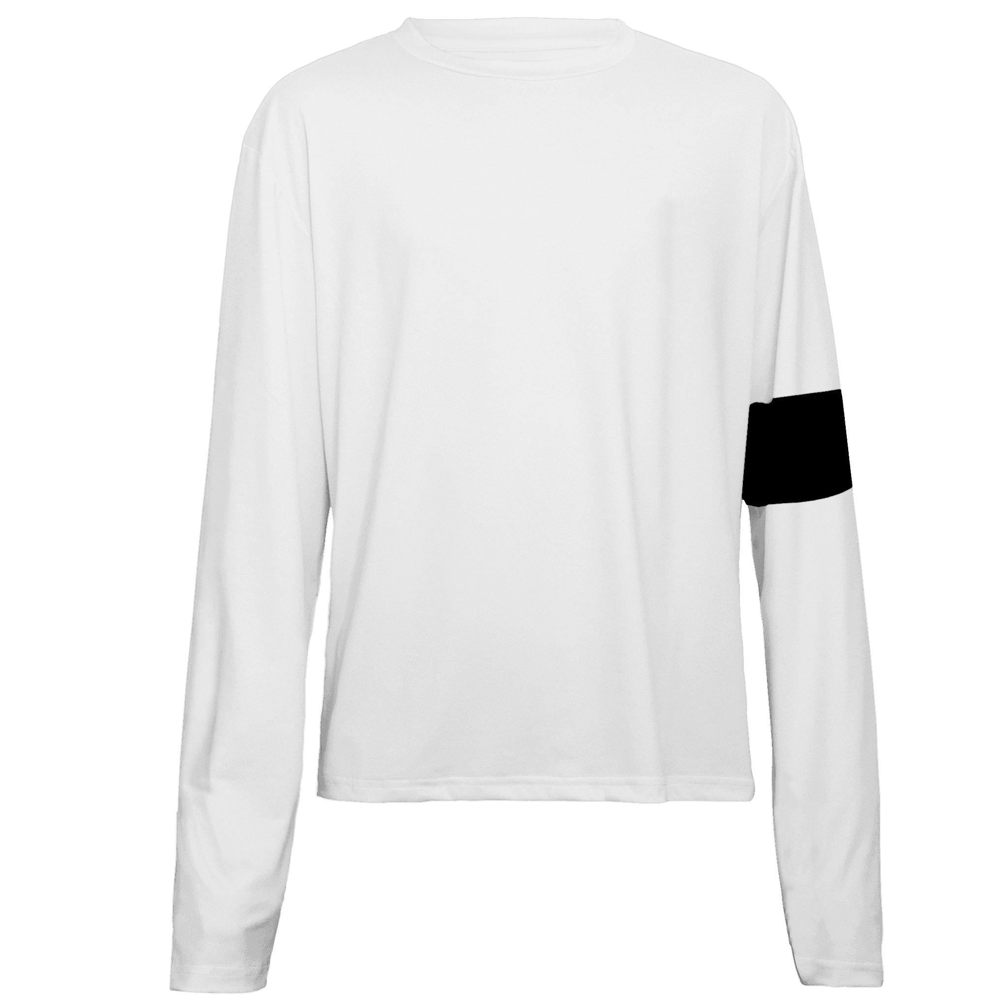 Front view of white Clifftop Captain Longsleeve Shirt by APACHE STAR with minimalist design and black armband, perfect for active summer wear.