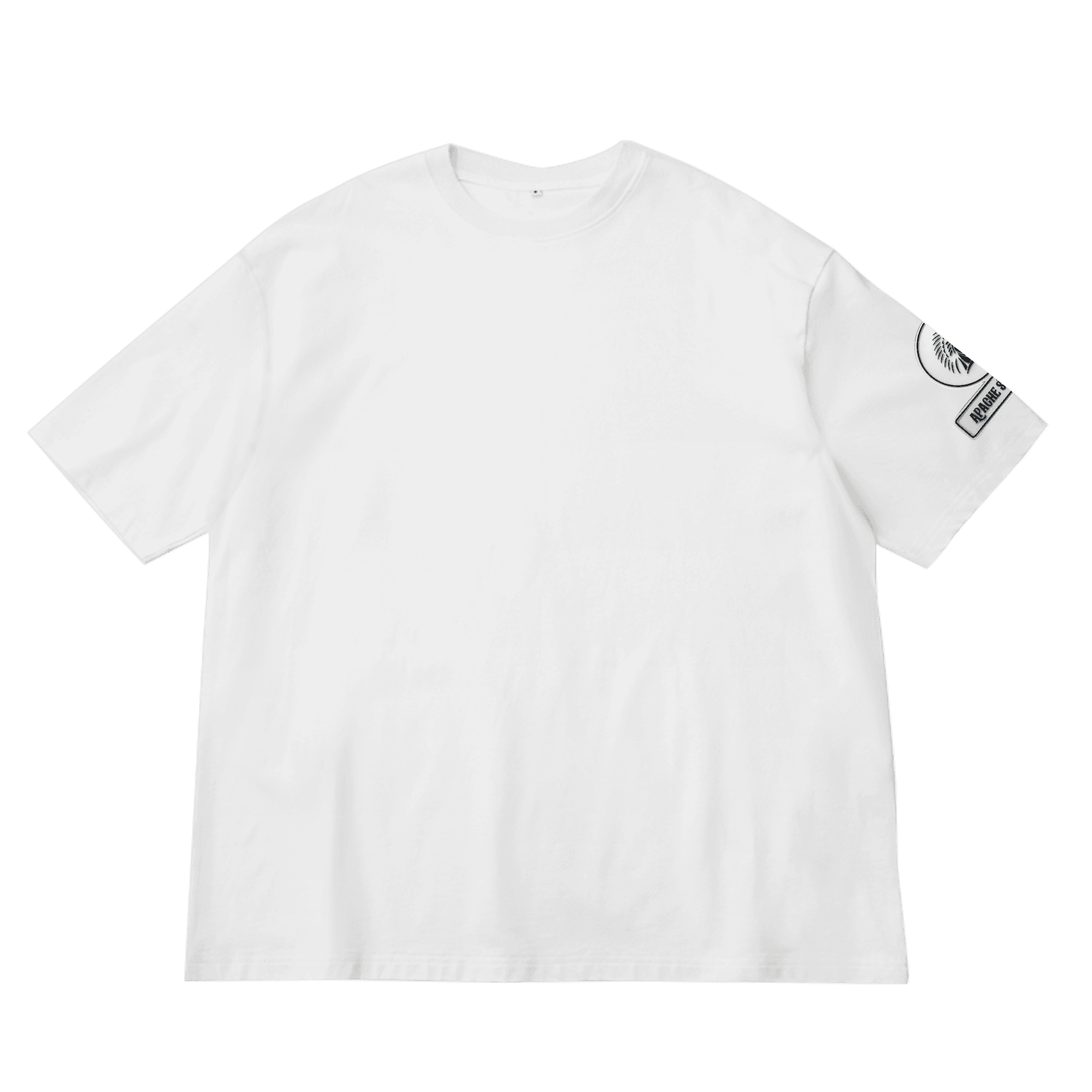 Iconic APACHE STAR Miami Tee in white with cooling technology and anti-wrinkle fabric, featuring logo patches on the sleeve for men and women.