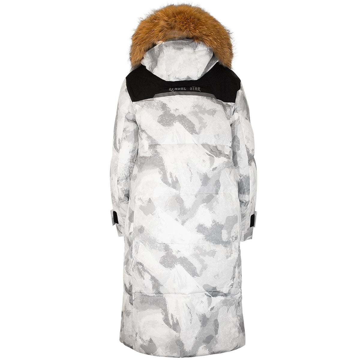 White camouflage winter coat with hood, back view