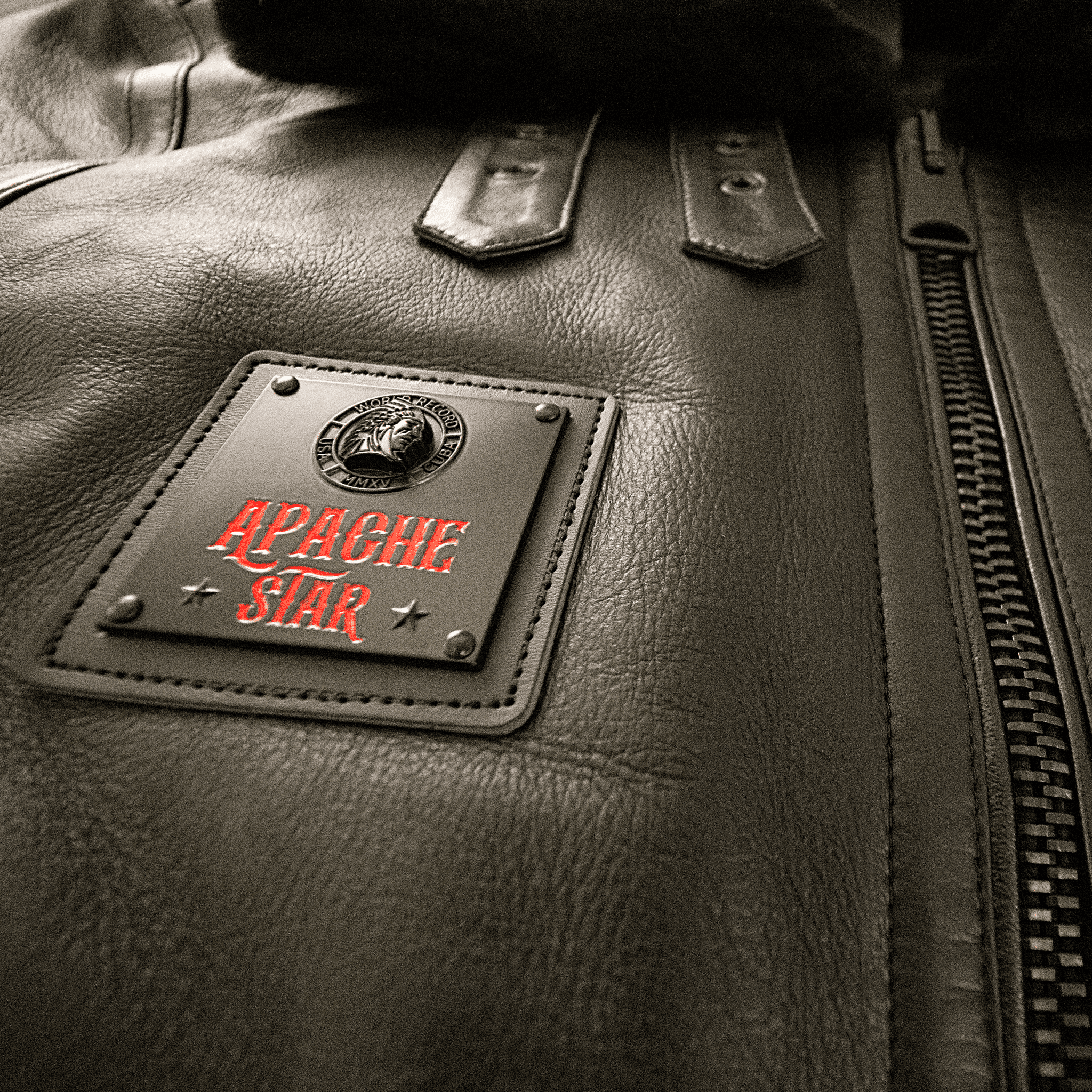 Detail of APACHE STAR logo patch on PHANTOM FALCON Nappa Lamb Pilot Jacket, emphasizing craftsmanship and brand identity.
