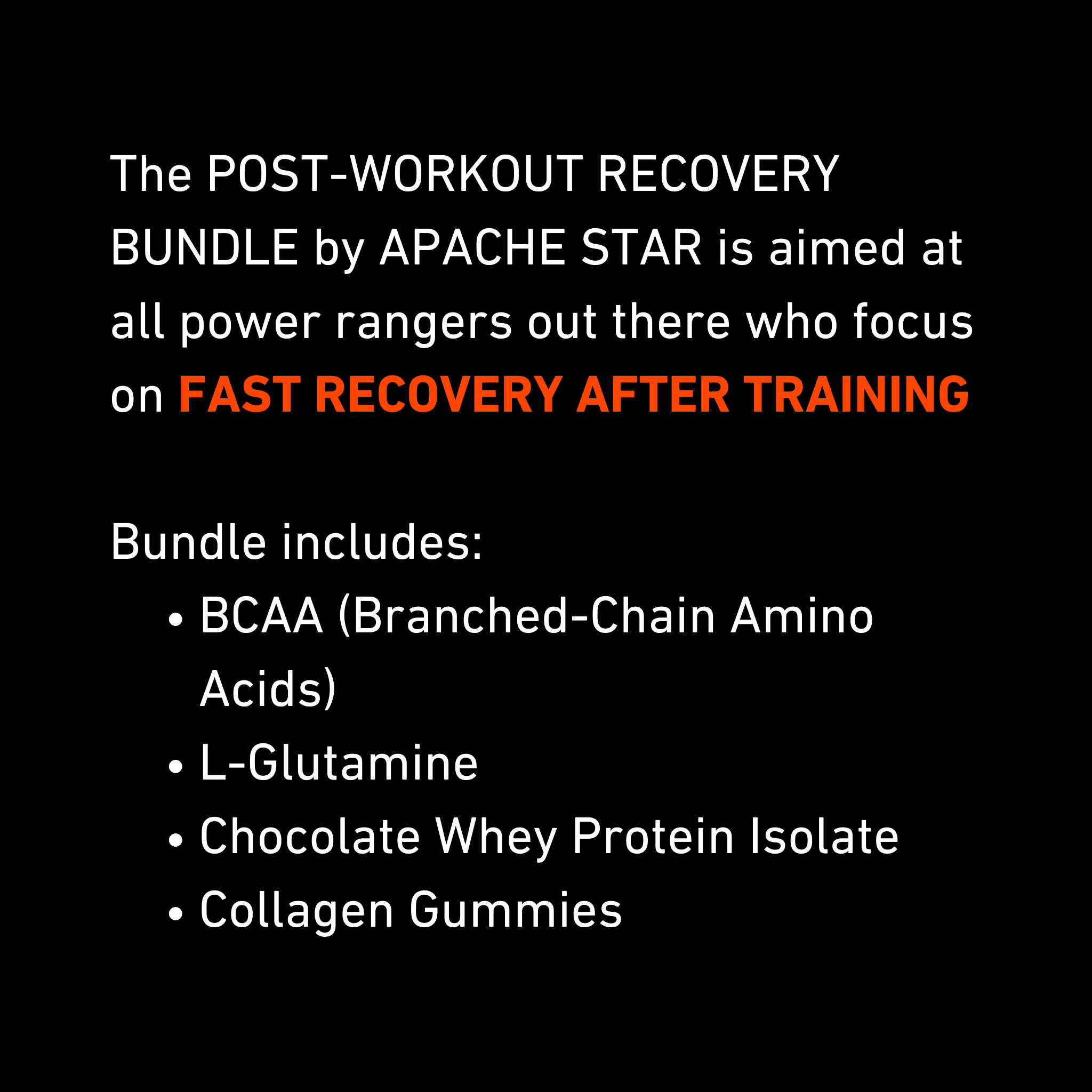 Informational graphic detailing the Post-Workout Recovery Bundle by APACHE STAR, highlighting fast recovery benefits and included supplements like BCAA and Collagen.