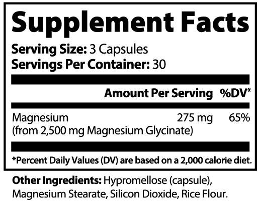 Magnesium Glycinate supplement facts label with capsules and dosage details