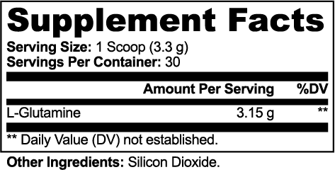 Supplement Facts label for APACHE STAR® L-Glutamine Powder showing 1 scoop (3.3 g) serving size, 30 servings per container and 3.15 g L-glutamine