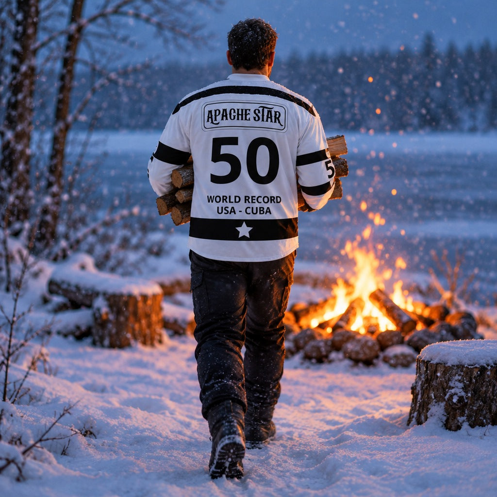 A man carrying firewood toward a campfire by a frozen lake, seen from behind, the number 50 and World Record USA - Cuba on the back of the APACHE STAR ice hockey jersey "Frozen Fifty"