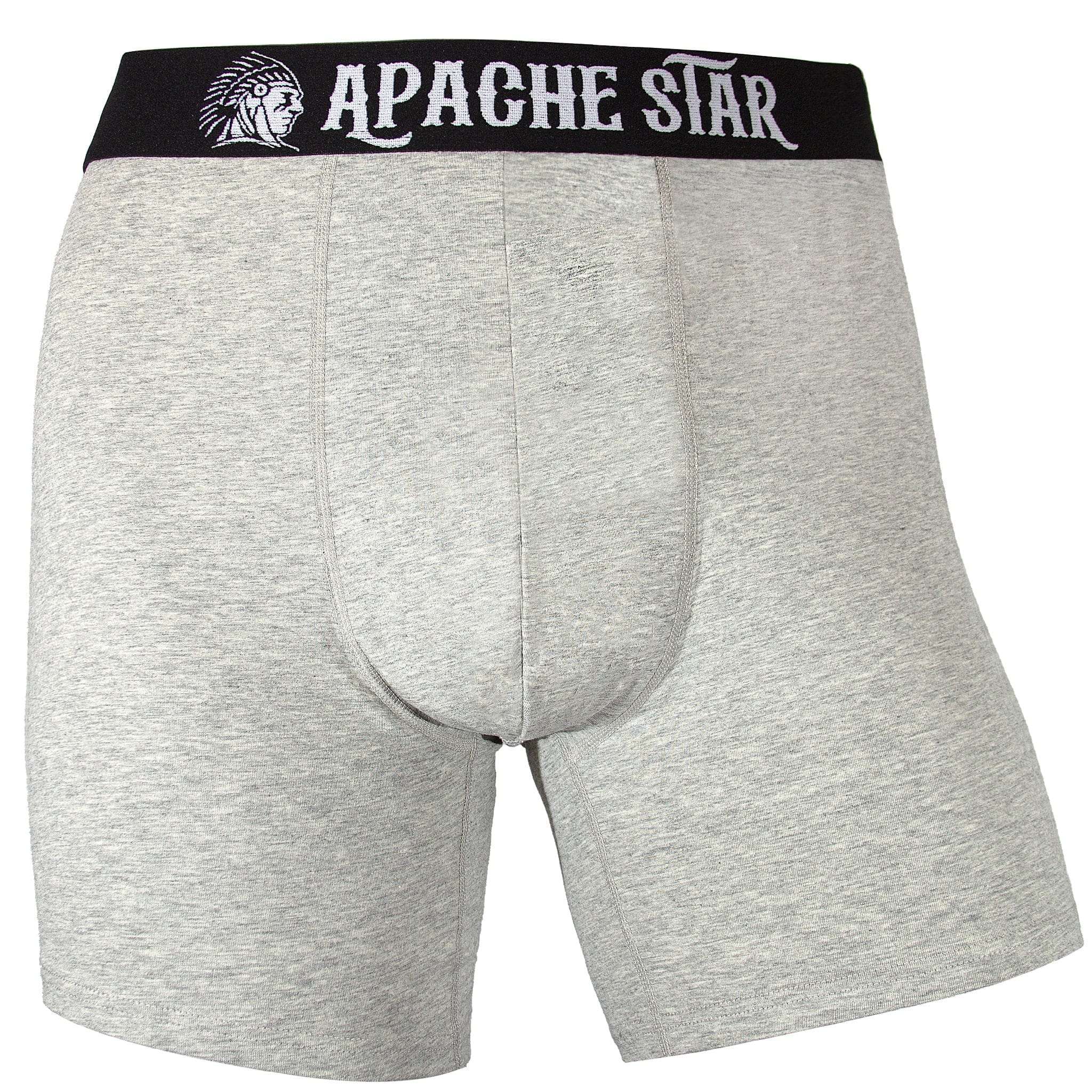 COMMANDER'S COMFORT - 3 or 5 pack Men's Boxer Briefs in heather grey by APACHE STAR featuring a black waistband with logo. Premium cotton men's underwear.