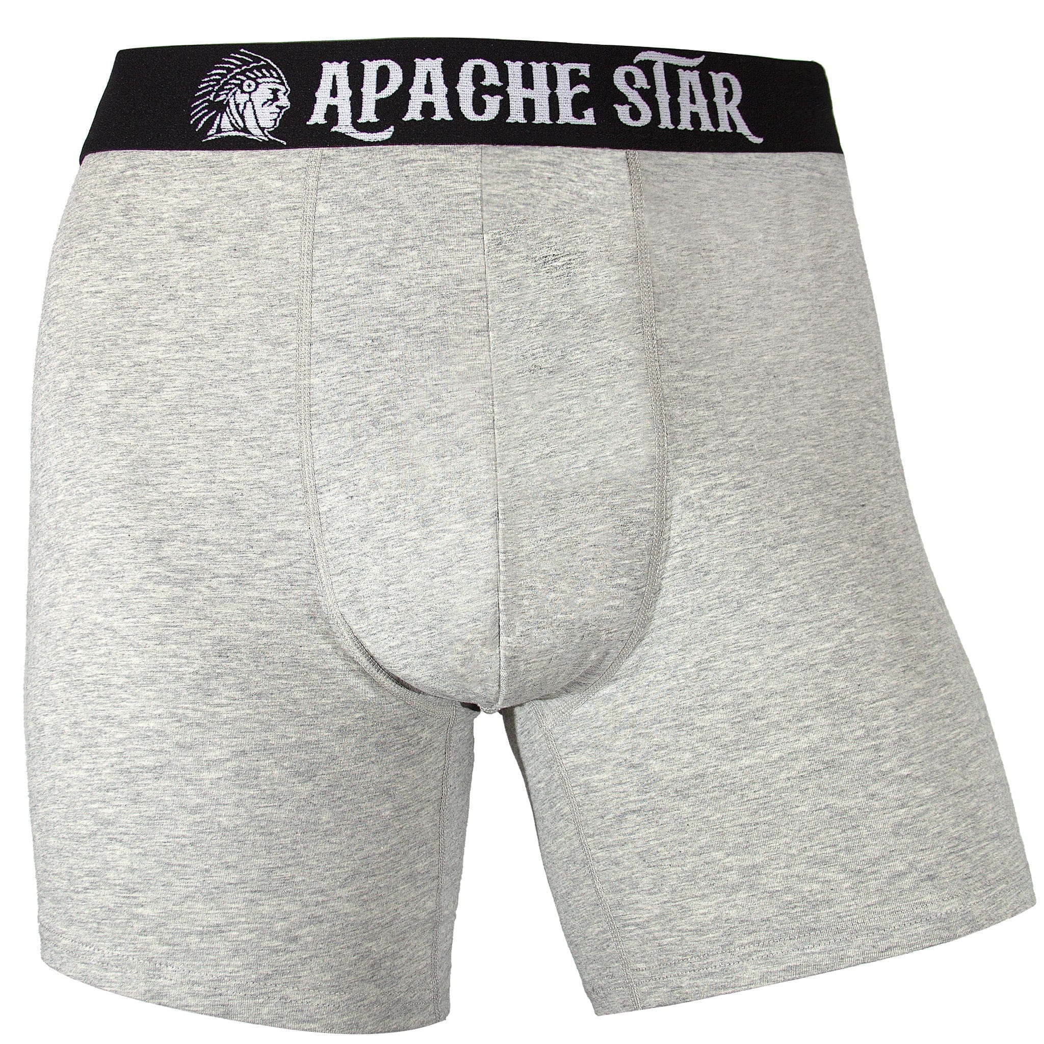 Heather grey COMMANDER'S COMFORT boxer briefs from 5 pack men's set, front view with APACHE STAR logo waistband.