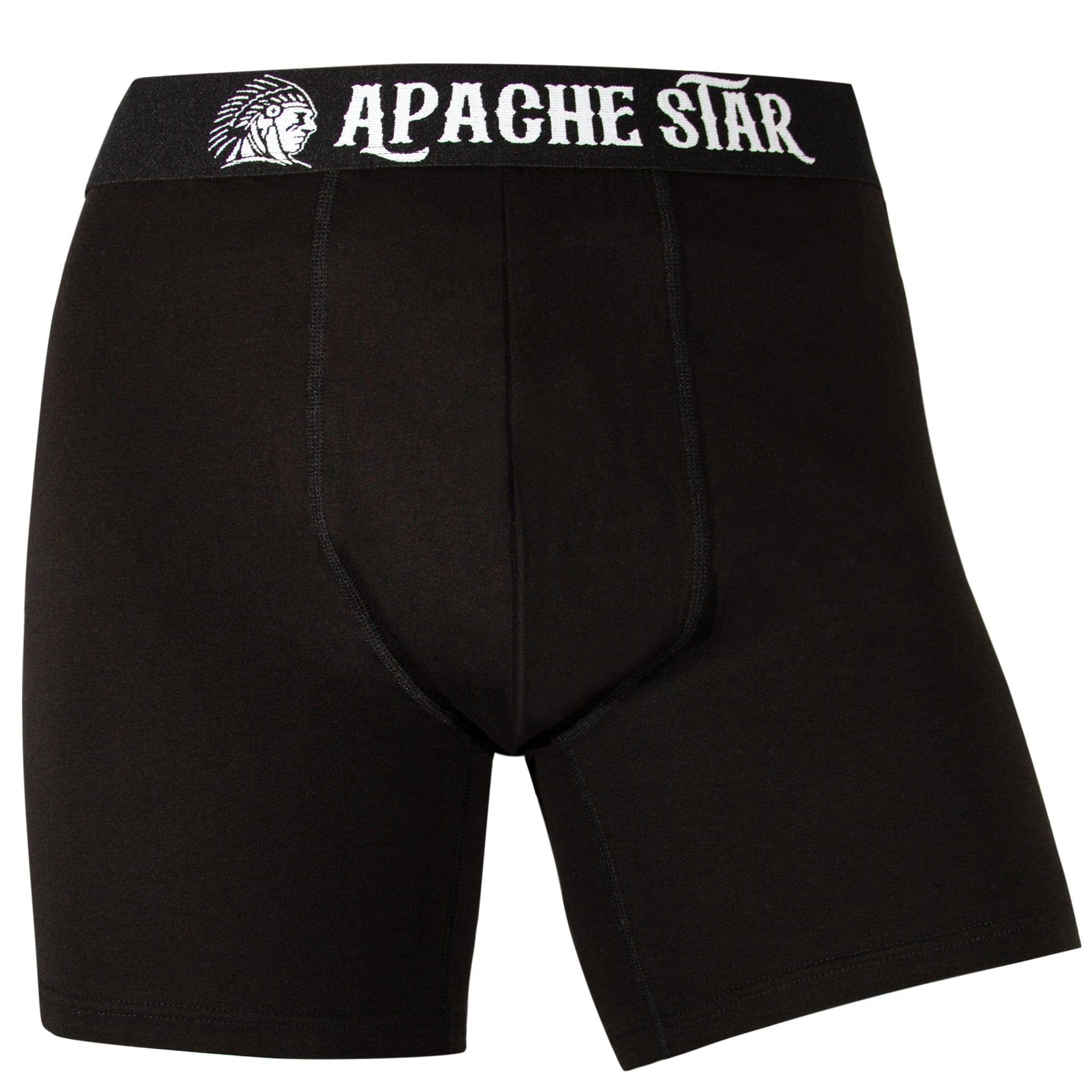 Black COMMANDER'S COMFORT boxer briefs from 5 pack men's underwear set, featuring APACHE STAR logo waistband, front view.