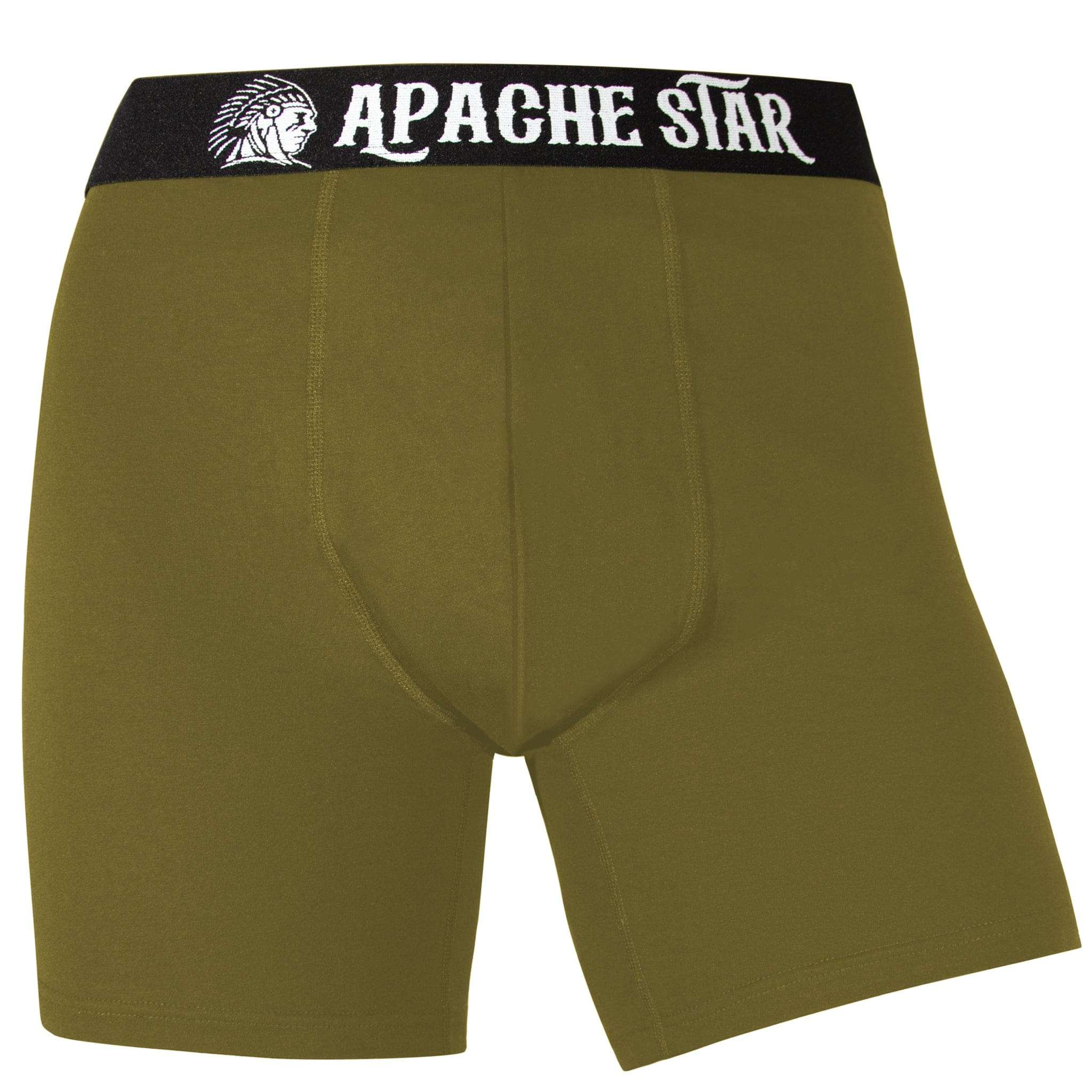 COMMANDER'S COMFORT - 3 or 5 pack Men's Boxer Briefs in military green by APACHE STAR with logo waistband. Premium cotton underwear for modern men.