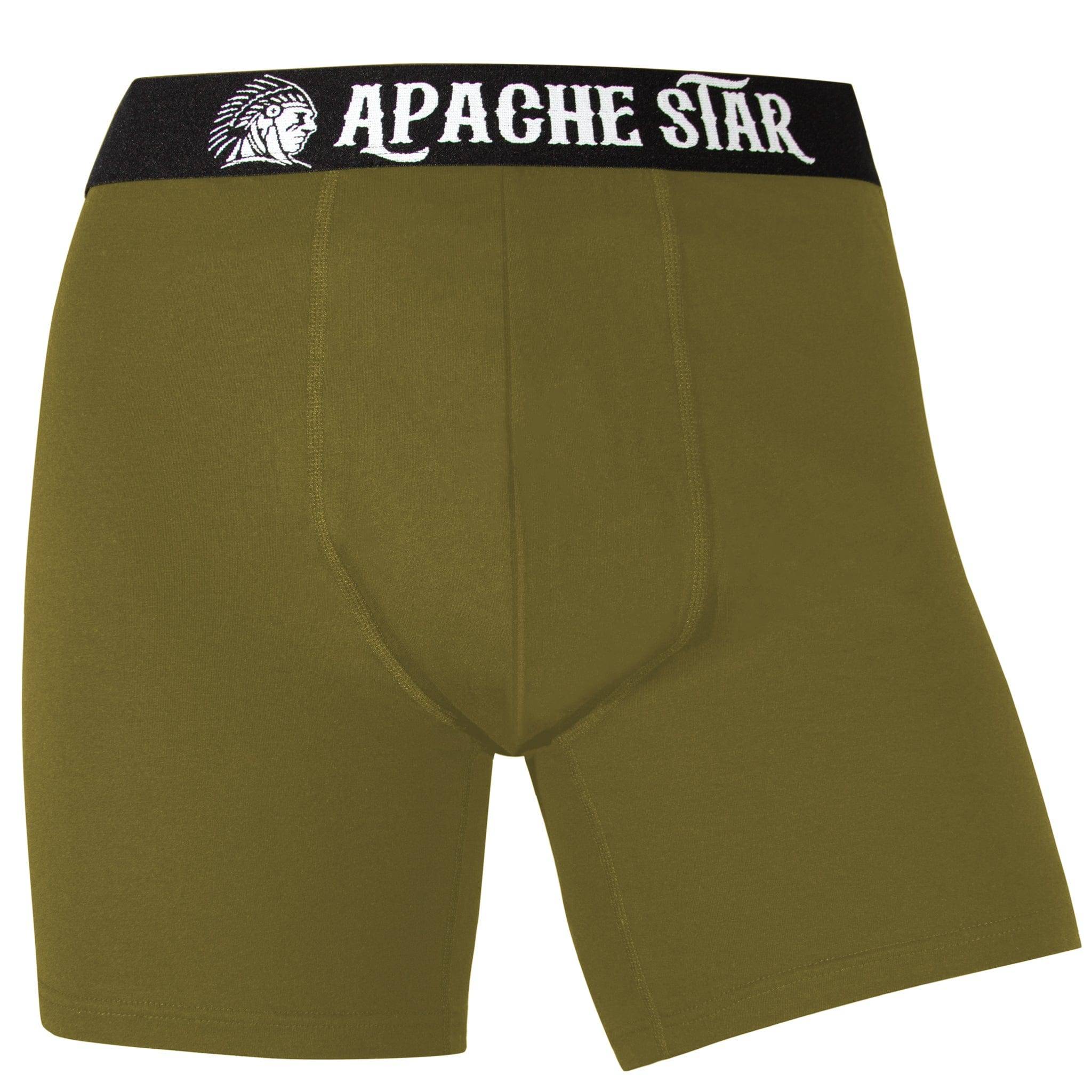 Military green COMMANDER'S COMFORT boxer briefs from 5 pack men's set, front view with bold APACHE STAR waistband branding.