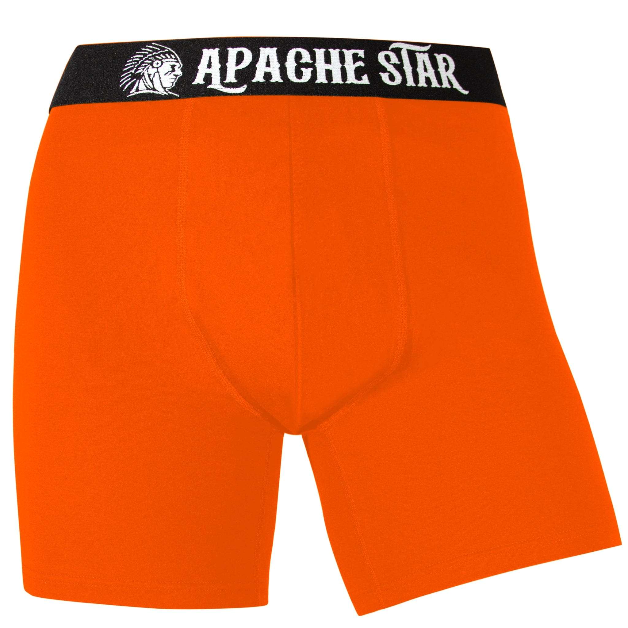 COMMANDER'S COMFORT - 3 or 5 pack Men's Boxer Briefs in bold orange by APACHE STAR with black waistband and white logo. Premium cotton men's underwear.