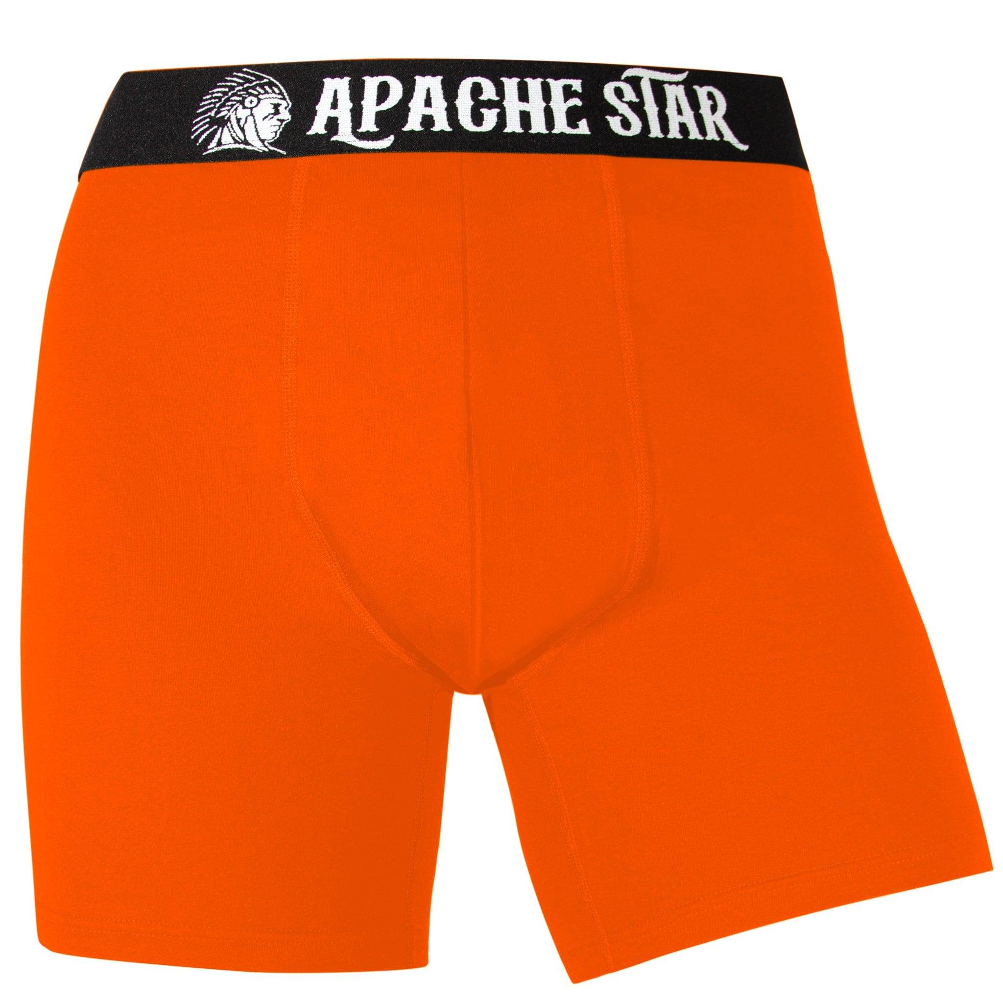Bright orange boxer briefs from COMMANDER'S COMFORT 5 pack men's underwear, front view with signature APACHE STAR waistband.